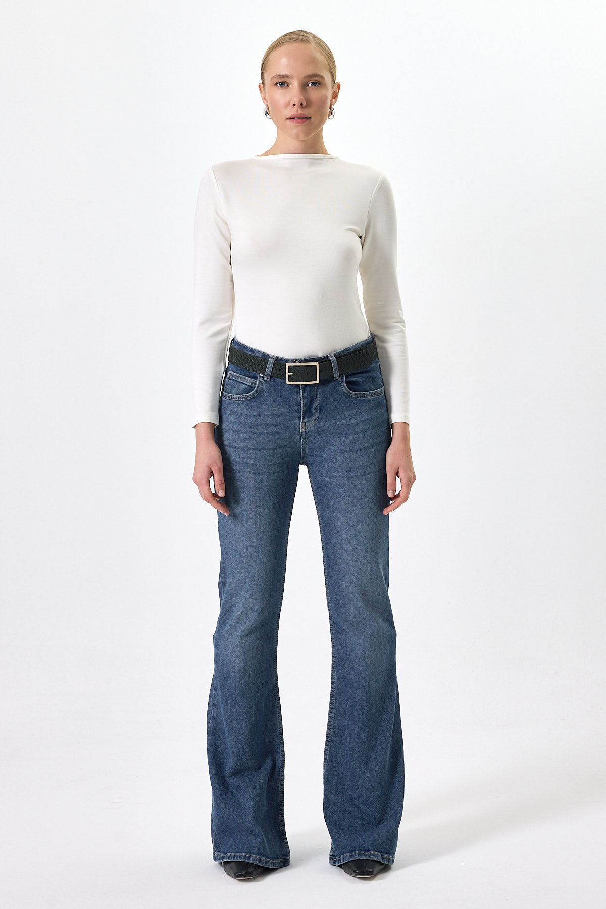 Ekru Bisiklet Yaka Uzun Kollu Basic Kadın Bluz 8393A - 6