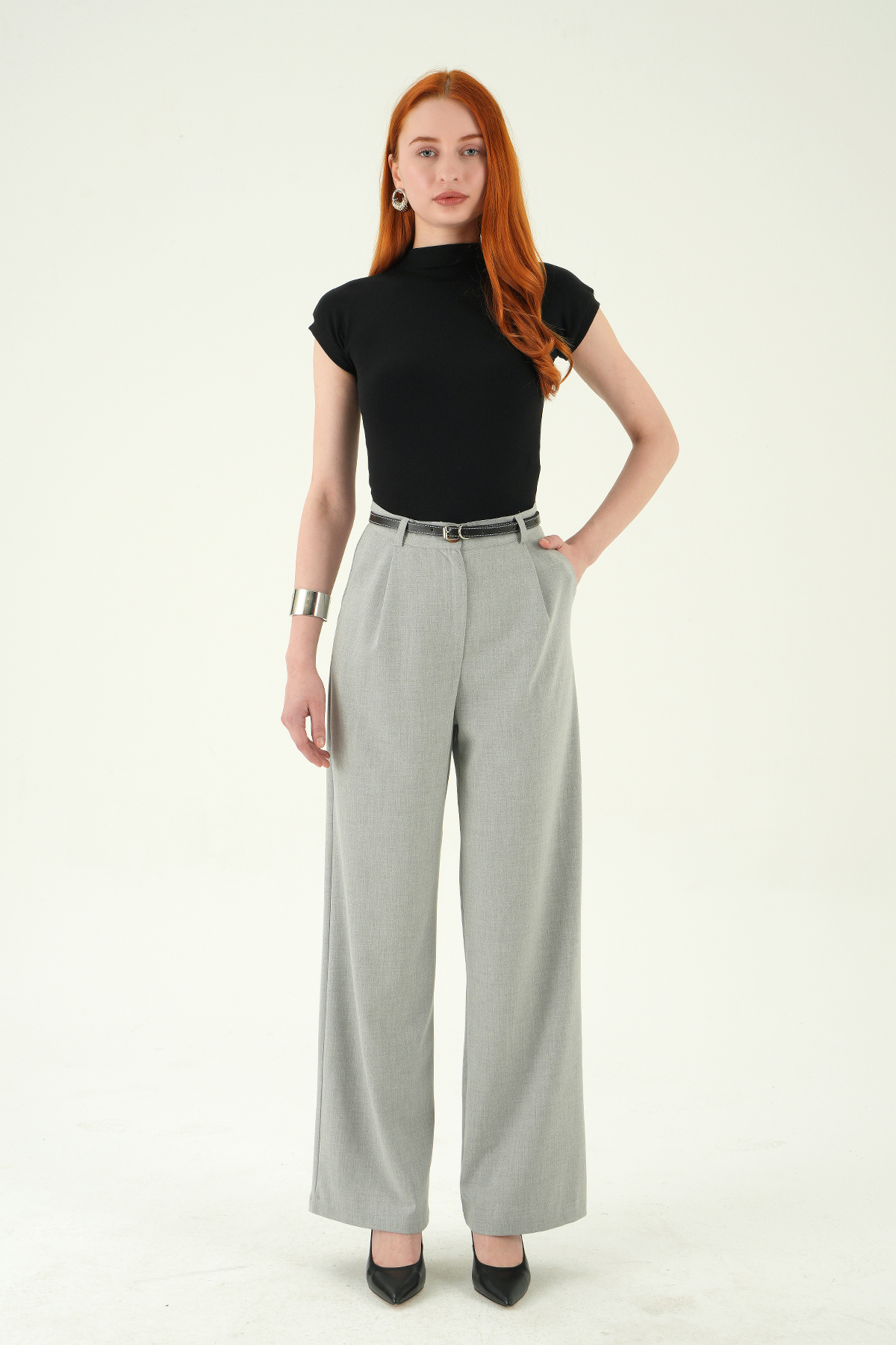 Gri Ön Pileli Kemerli Pantolon 8399A - 1
