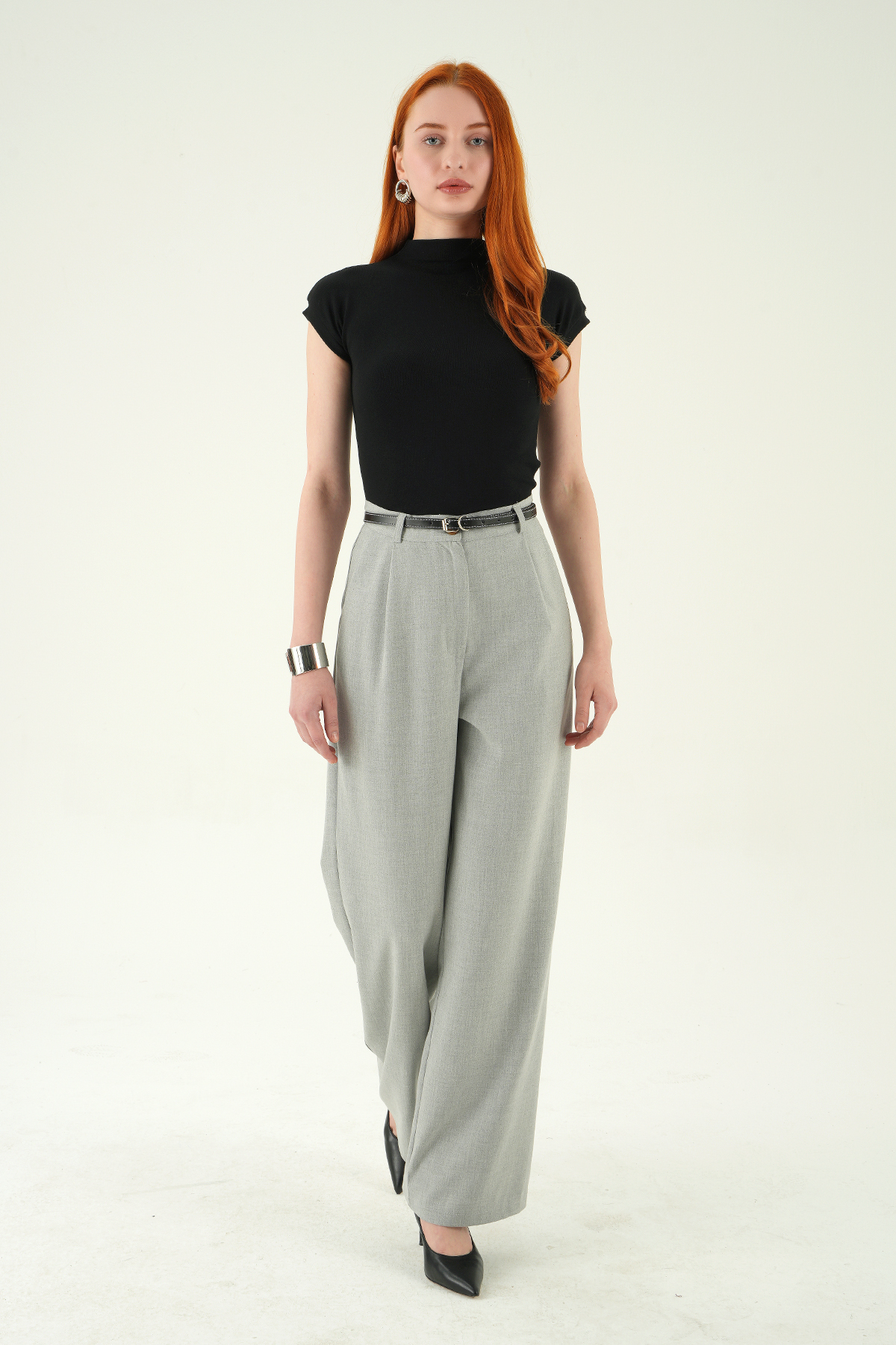 Gri Ön Pileli Kemerli Pantolon 8399A - 6