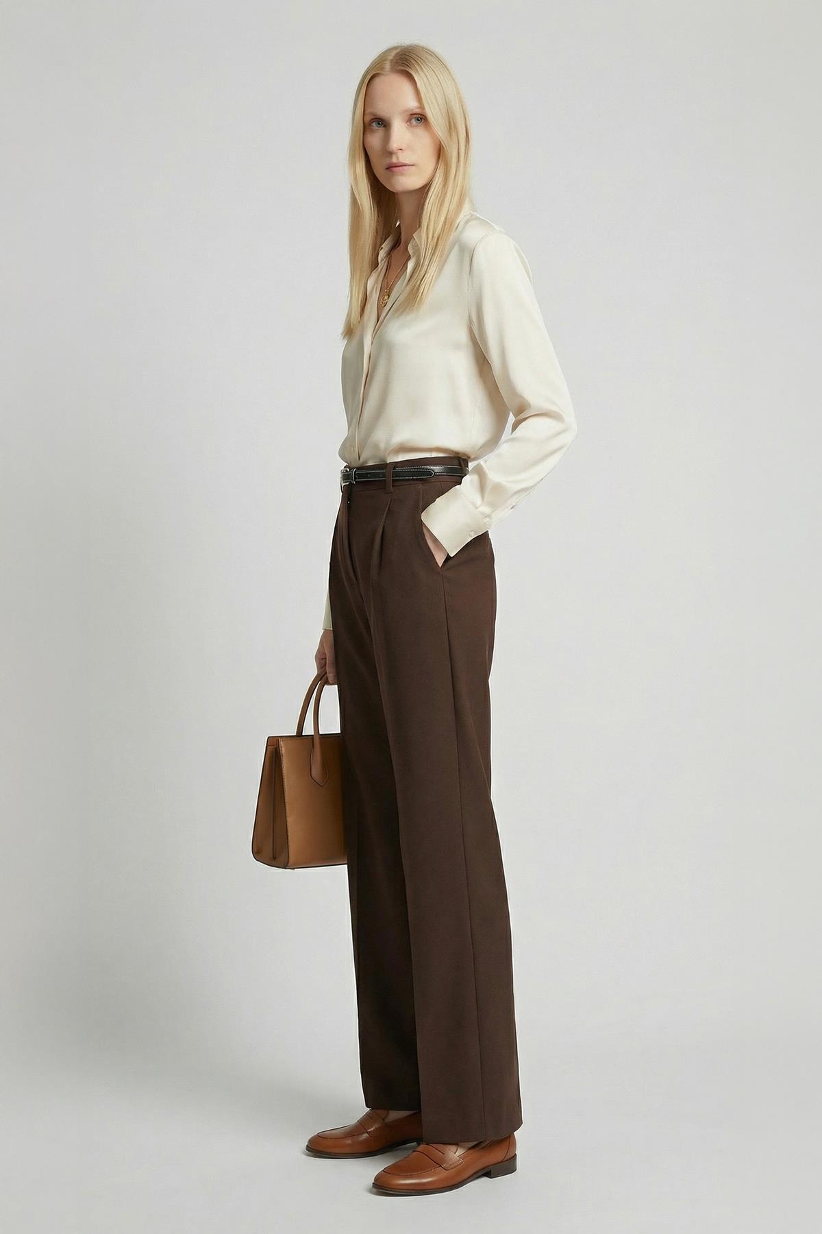 8399A Ön Pileli Kemerli Pantolon Kahve - 2