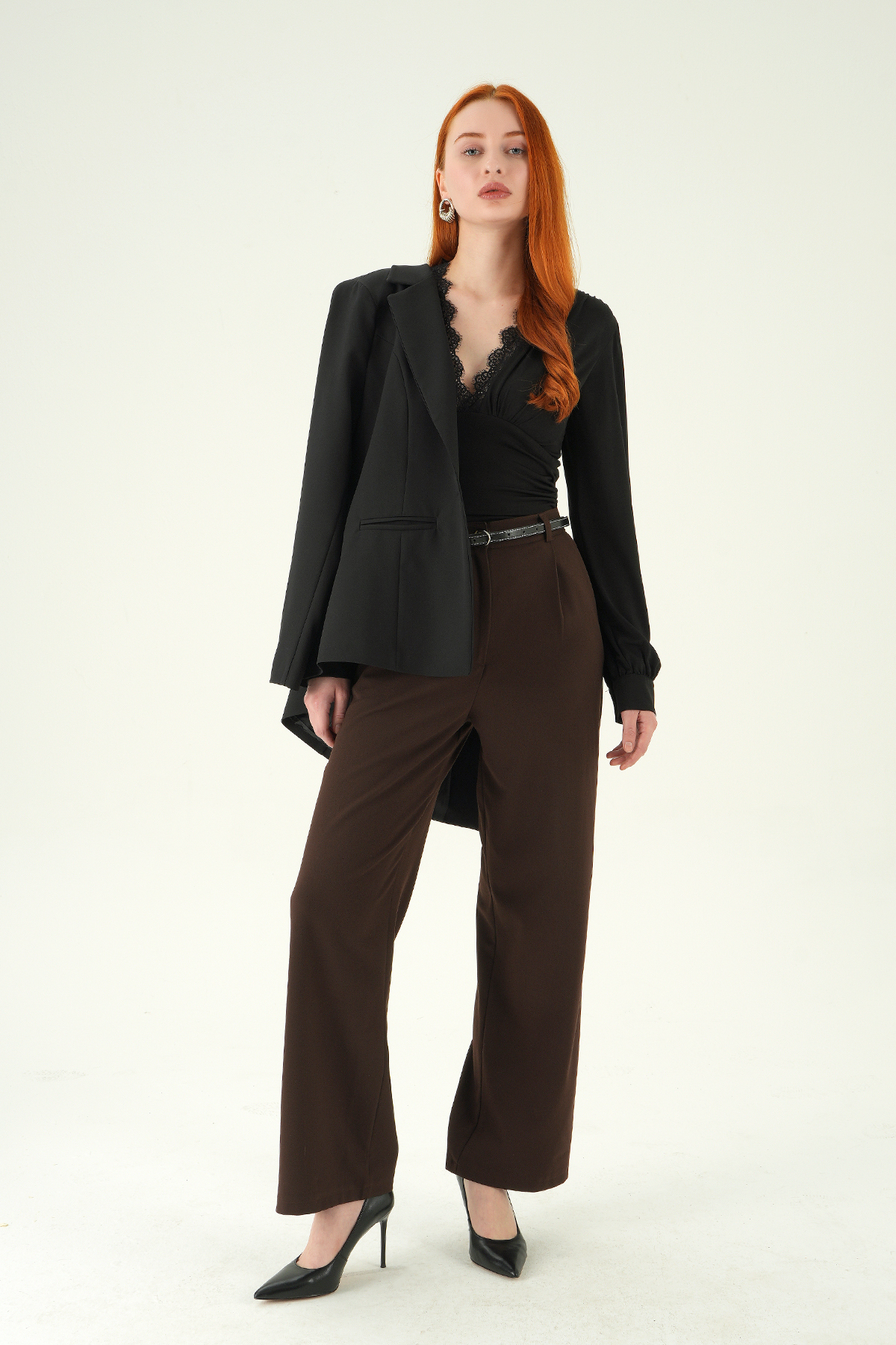 Kahve Ön Pileli Kemerli Pantolon 8399A - 2