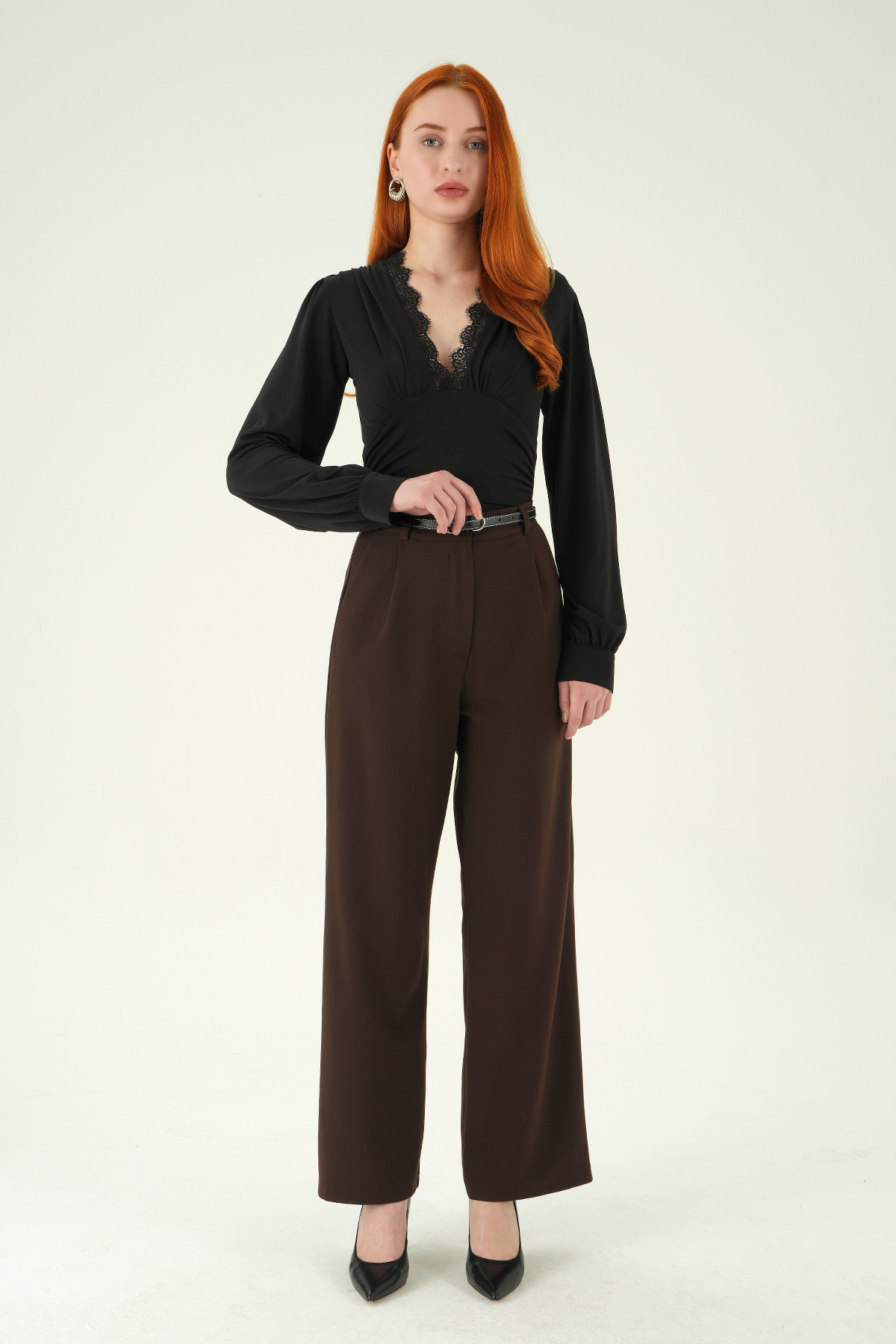 Kahve Ön Pileli Kemerli Pantolon 8399A - 3