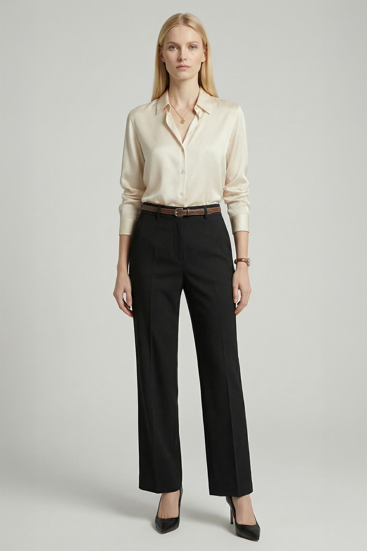 8399A Ön Pileli Kemerli Pantolon Siyah - 1