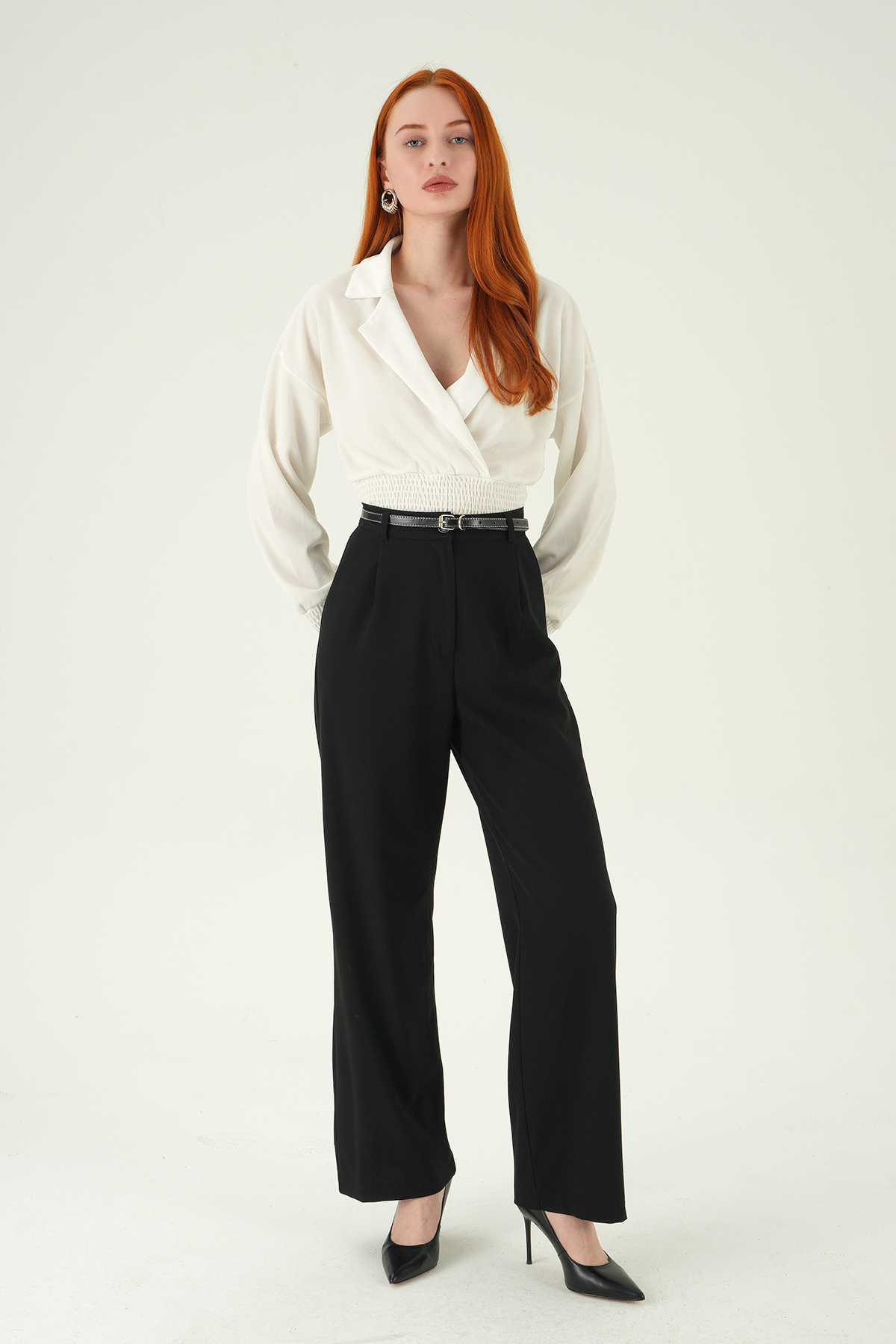 Siyah Ön Pileli Kemerli Pantolon 8399A - 3