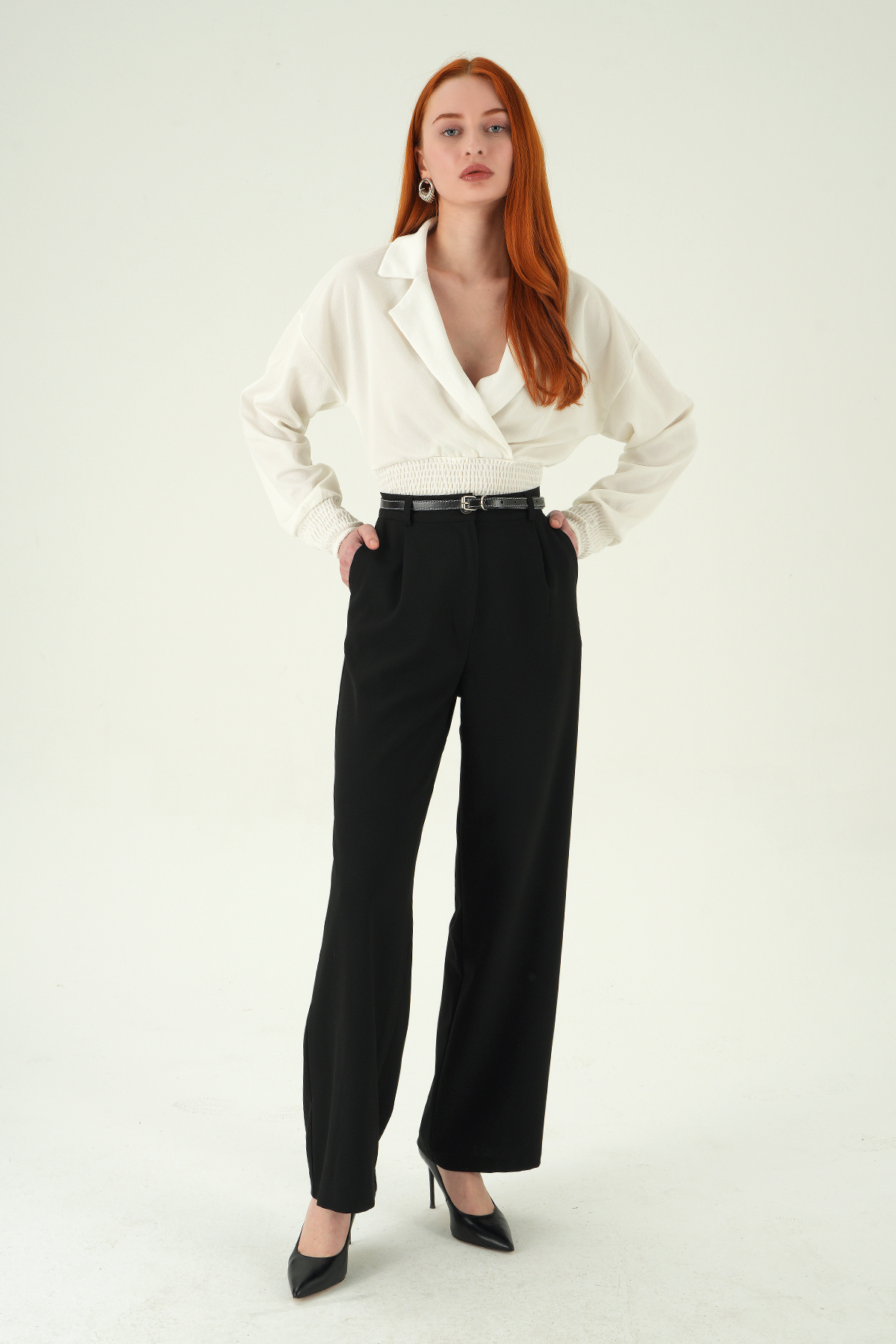 Siyah Ön Pileli Kemerli Pantolon 8399A - 6