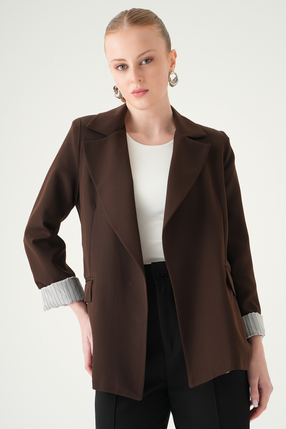 Kahve Astarlı Çizgili Ceket 8403A - 1