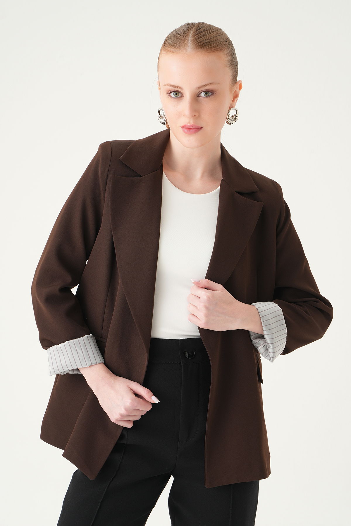 Kahve Astarlı Çizgili Ceket 8403A - 2