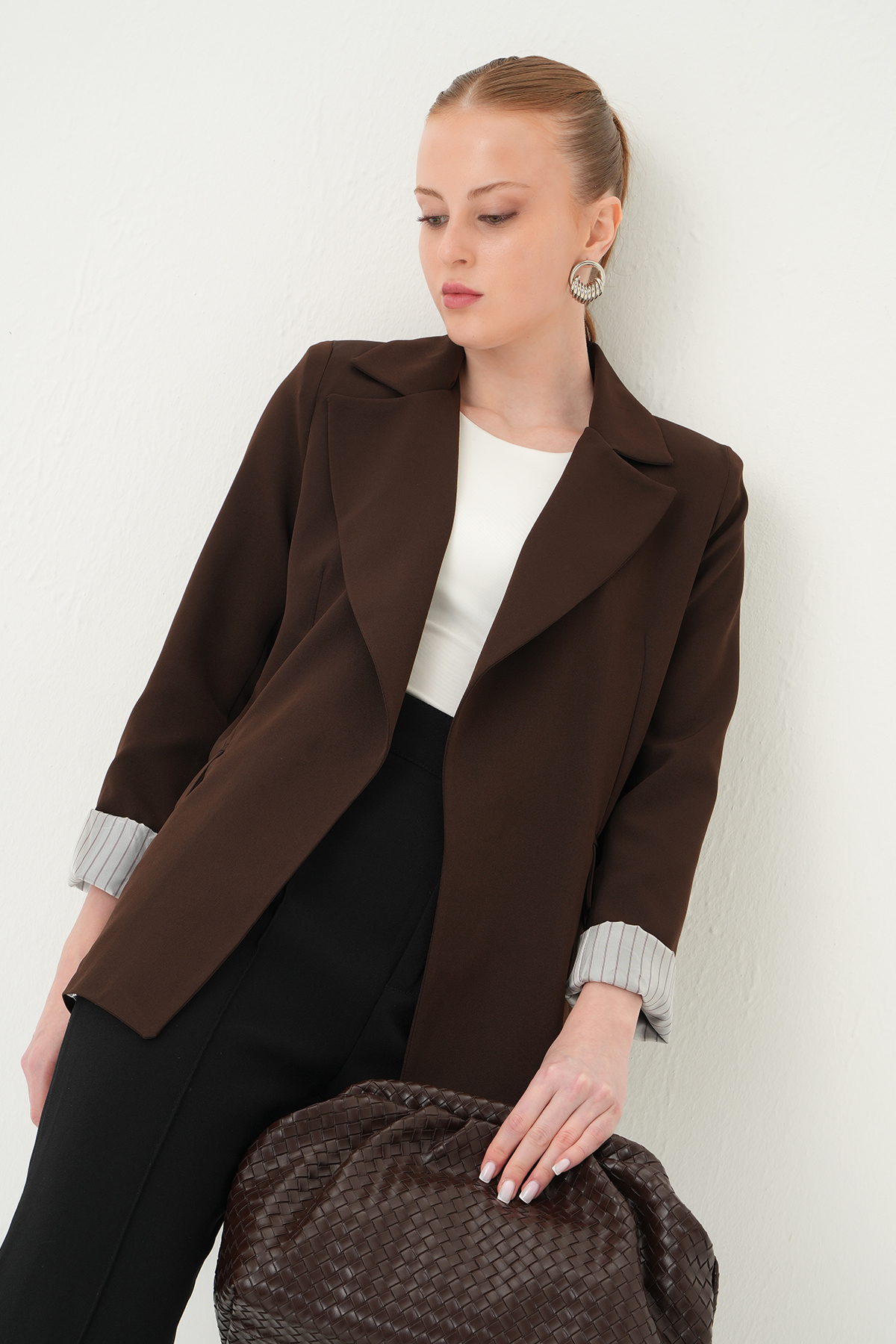 Kahve Astarlı Çizgili Ceket 8403A - 7