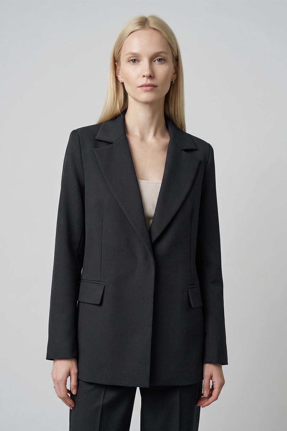 8403A Astarlı Çizgili Ceket Siyah - 1