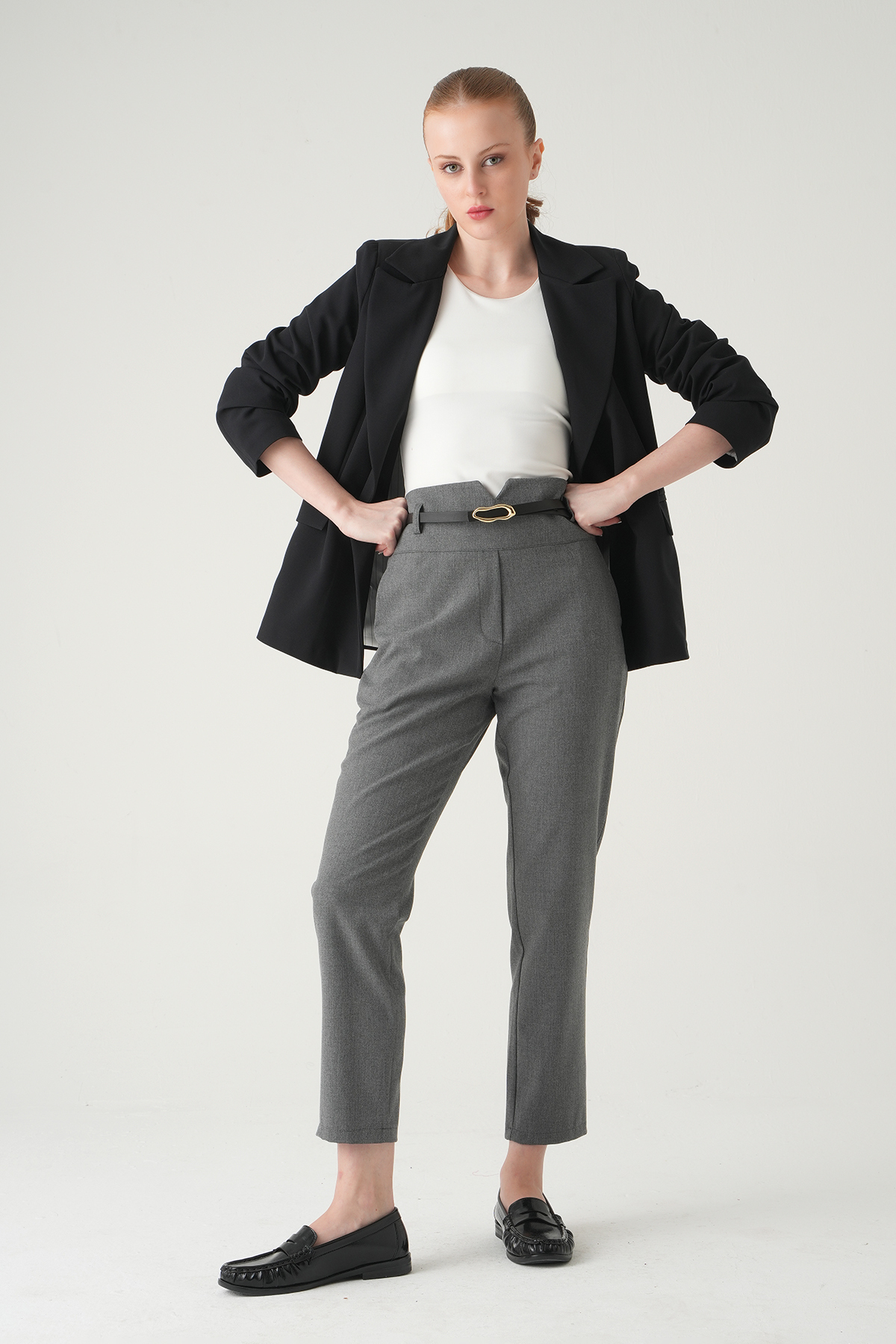 Antrasit Bel V Kesim Kemerli Pantolon 8404A - 1
