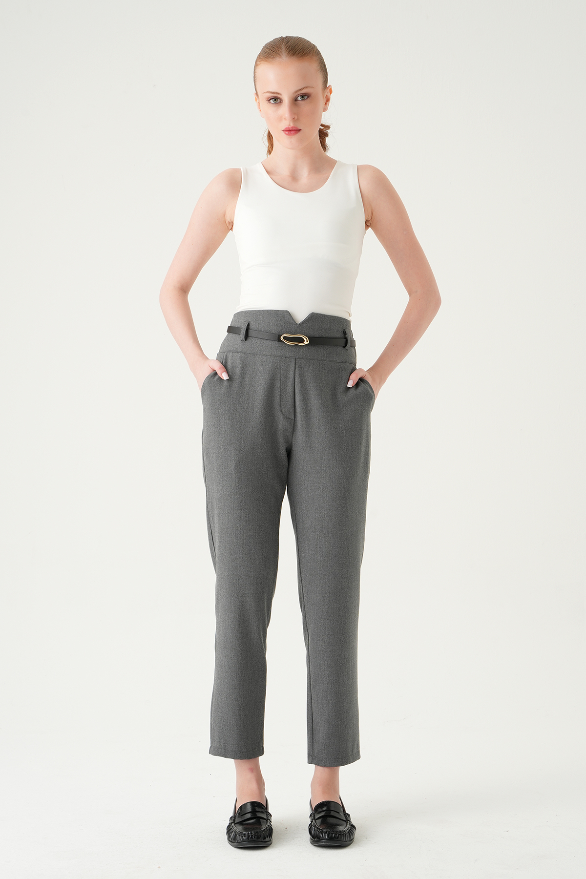 Antrasit Bel V Kesim Kemerli Pantolon 8404A - 3