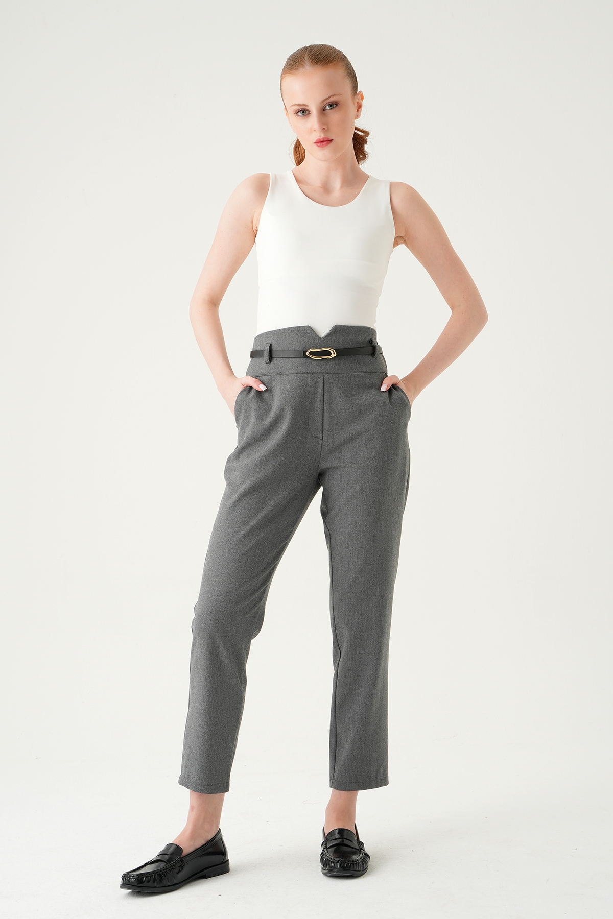 Antrasit Bel V Kesim Kemerli Pantolon 8404A - 6