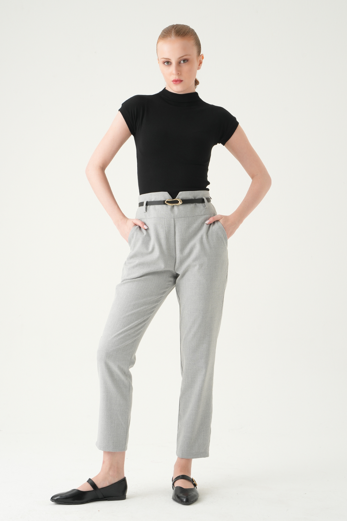 Bel V Kesim Kemerli Pantolon 8404A Gri - RAYS