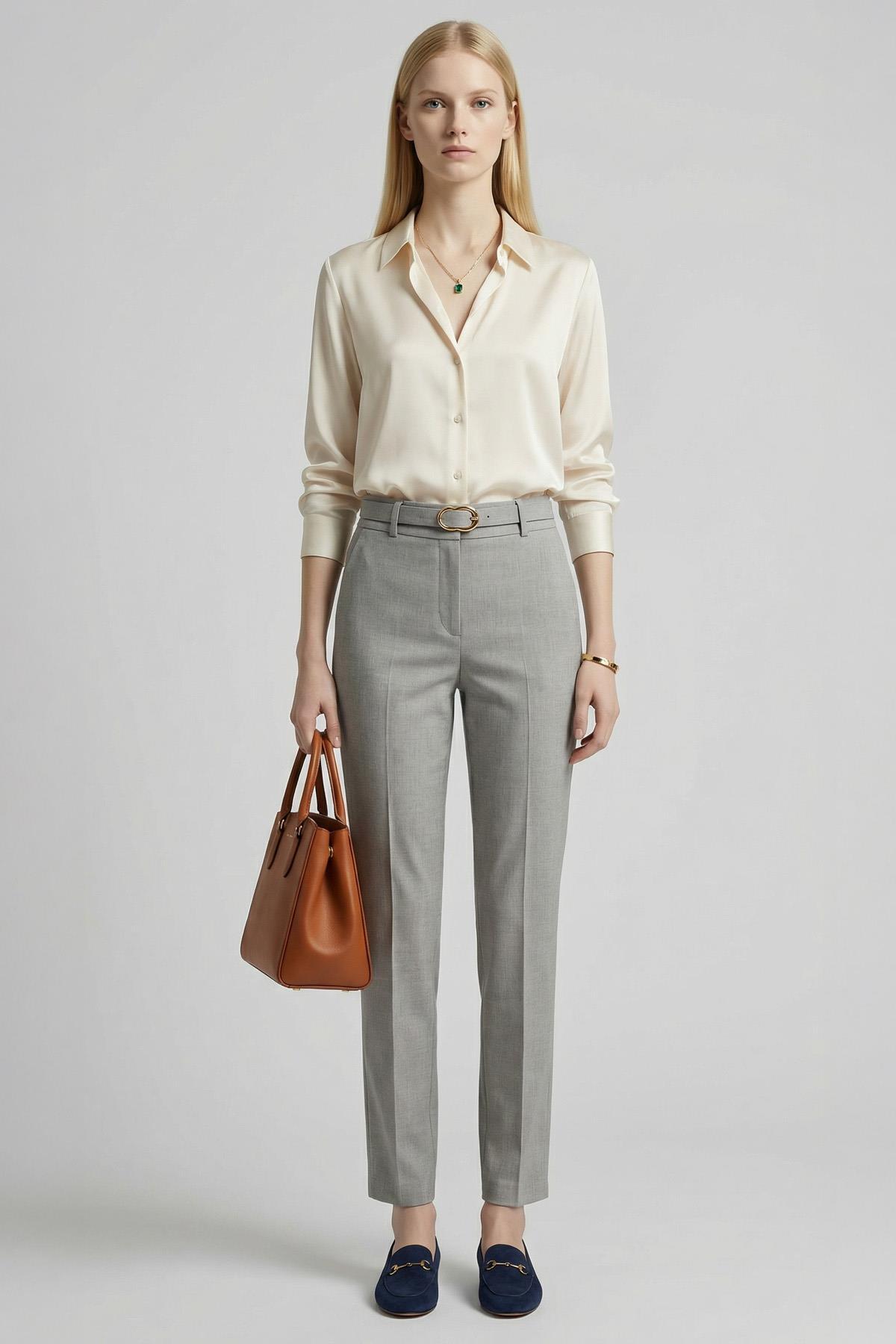 8404A Bel V Kesim Kemerli Pantolon Gri - RAYS