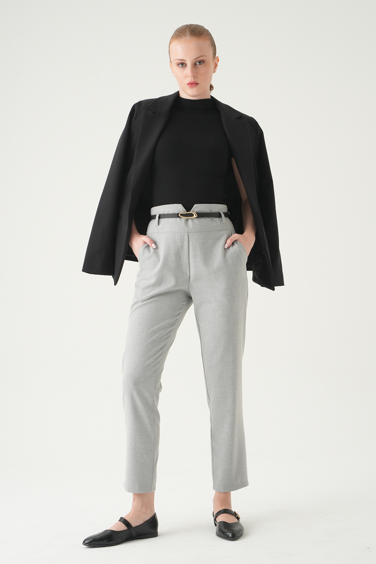 Gri Bel V Kesim Kemerli Pantolon 8404A - 1