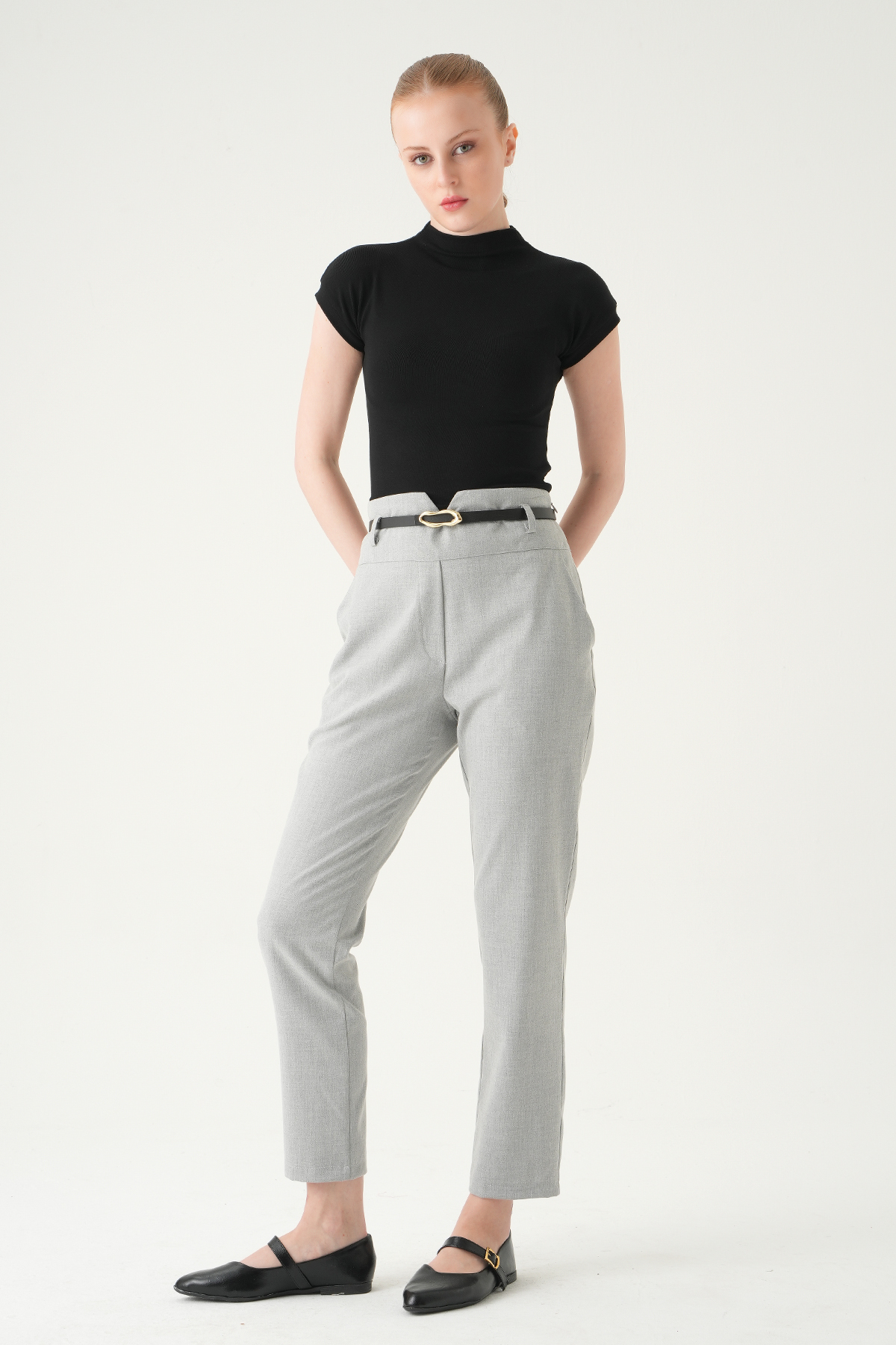 Gri Bel V Kesim Kemerli Pantolon 8404A - 3