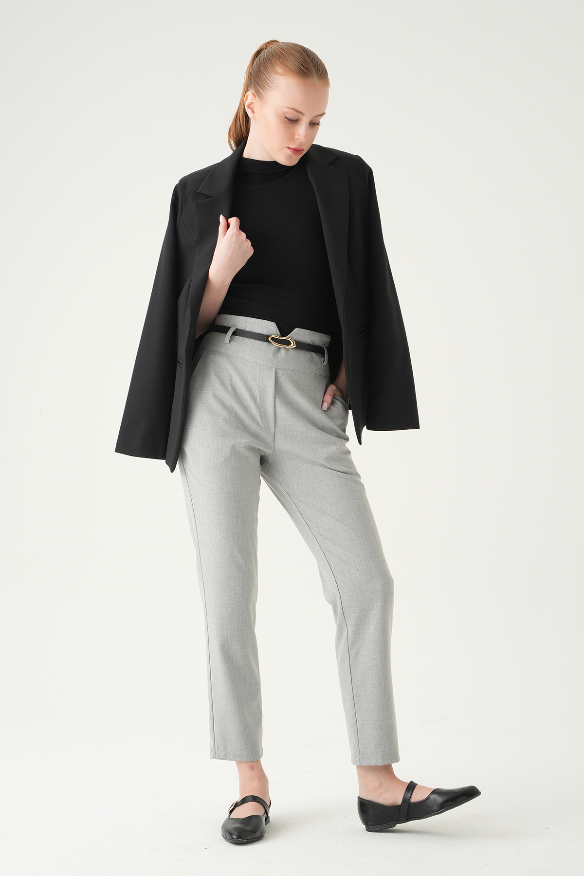 Gri Bel V Kesim Kemerli Pantolon 8404A - 6