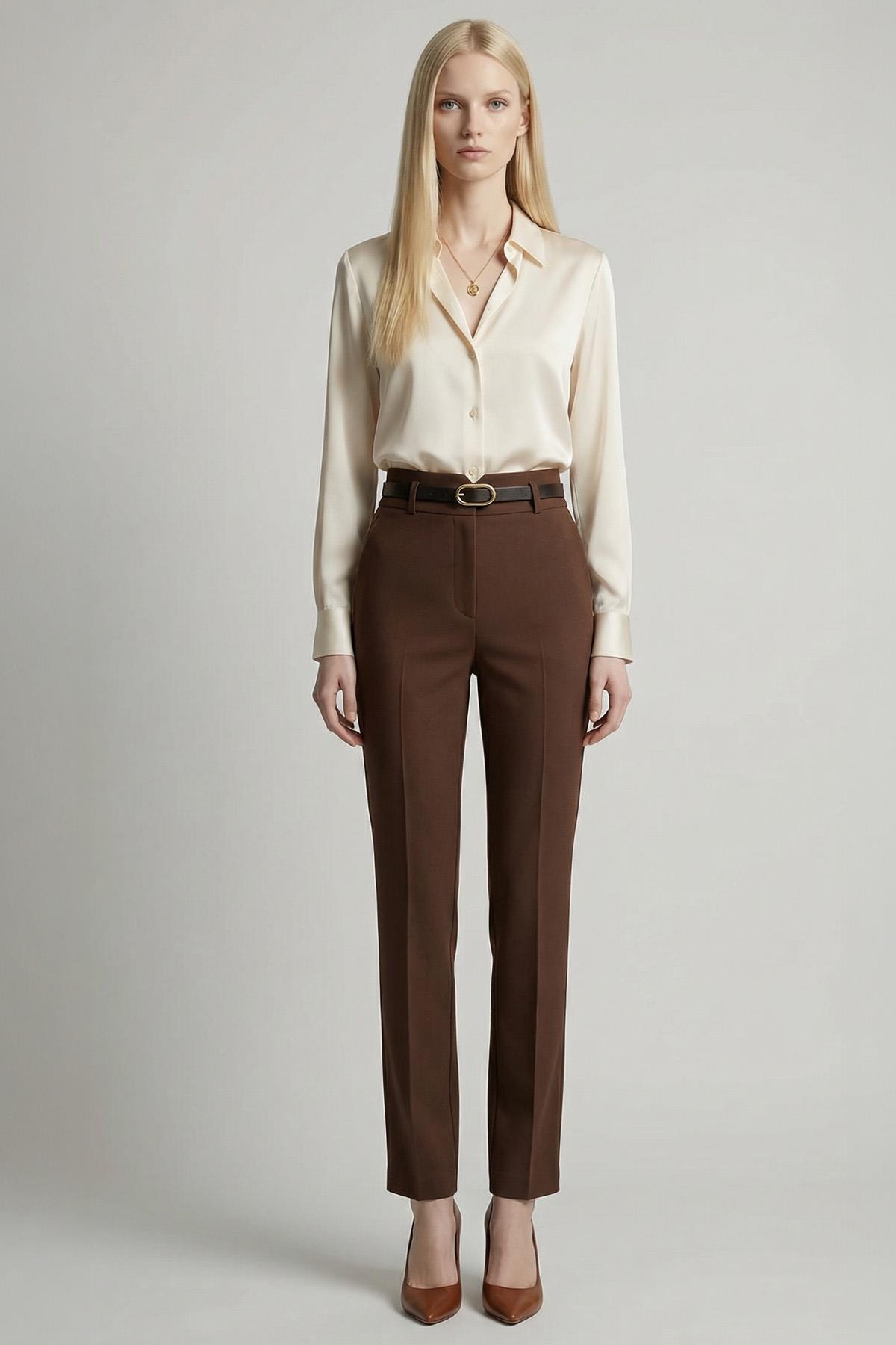 8404A Bel V Kesim Kemerli Pantolon Kahve - 1