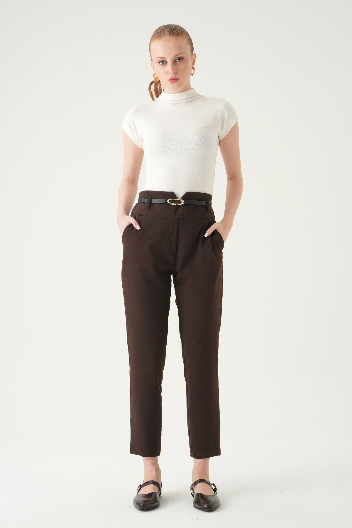 Kahve Bel V Kesim Kemerli Pantolon 8404A - 2