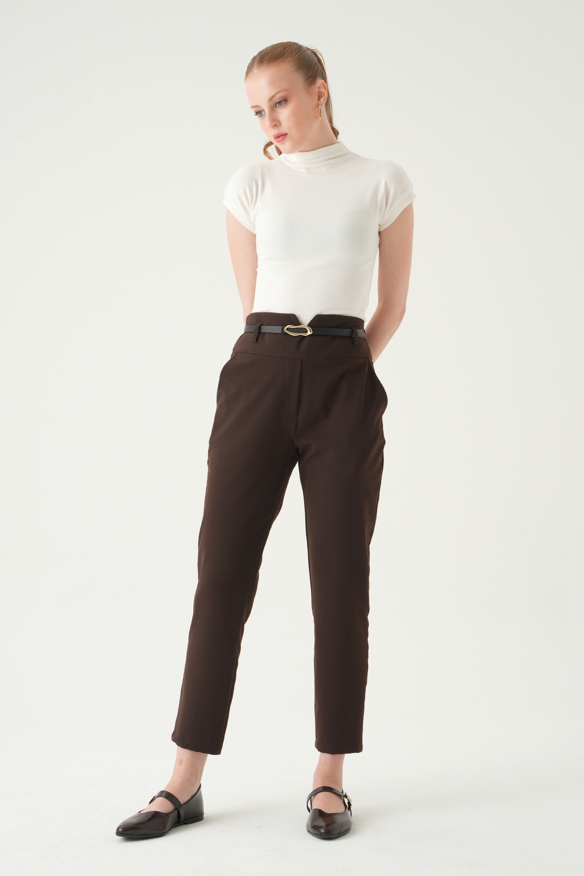 Kahve Bel V Kesim Kemerli Pantolon 8404A - 3