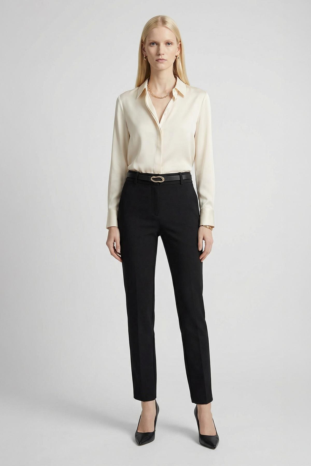 8404A Bel V Kesim Kemerli Pantolon Siyah - RAYS