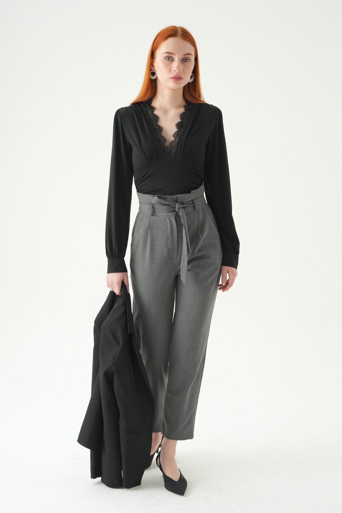 8407A Çift Düğmeli Kuşaklı Pantolon Antrasit - 6