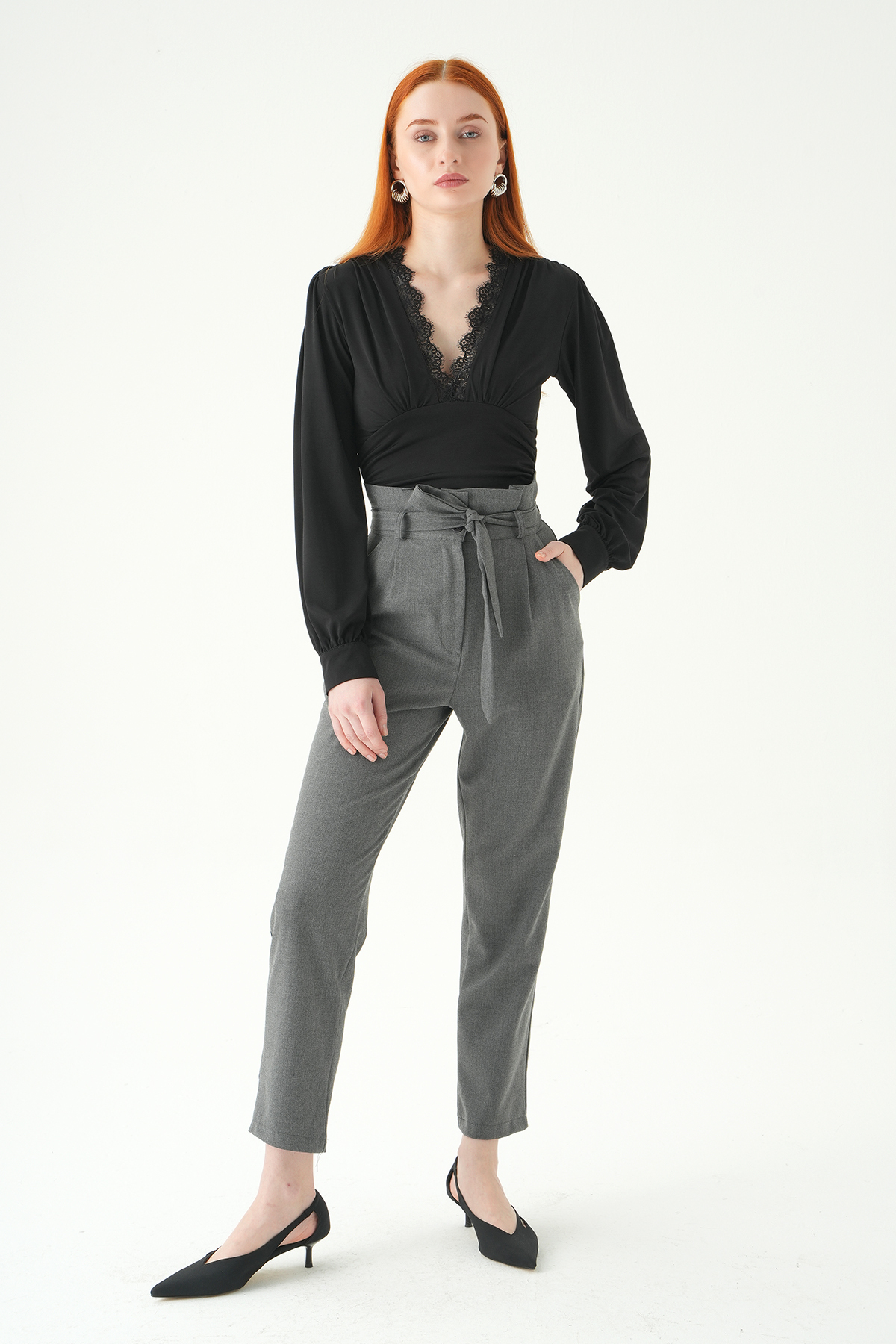 Antrasit Çift Düğmeli Kuşaklı Pantolon 8407A - RAYS