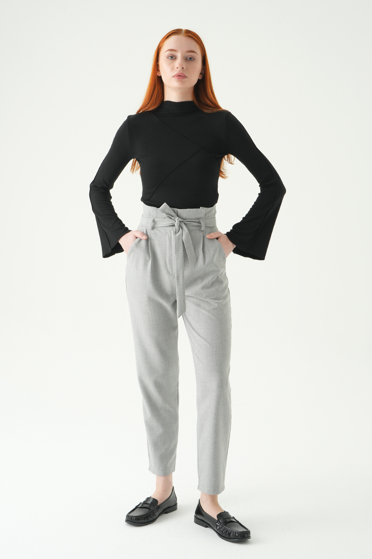 Çift Düğmeli Kuşaklı Pantolon 8407A Gri - 6