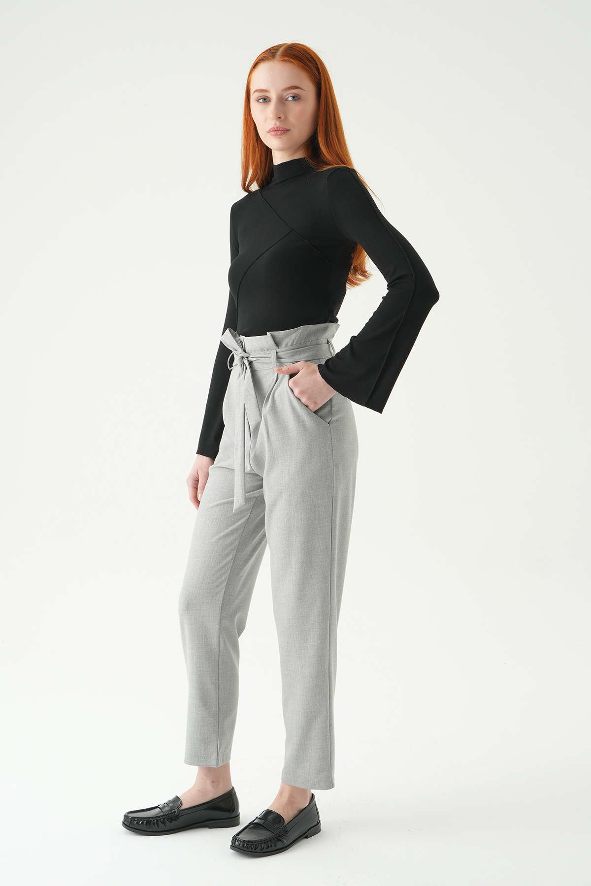 8407A Çift Düğmeli Kuşaklı Pantolon Gri - 1