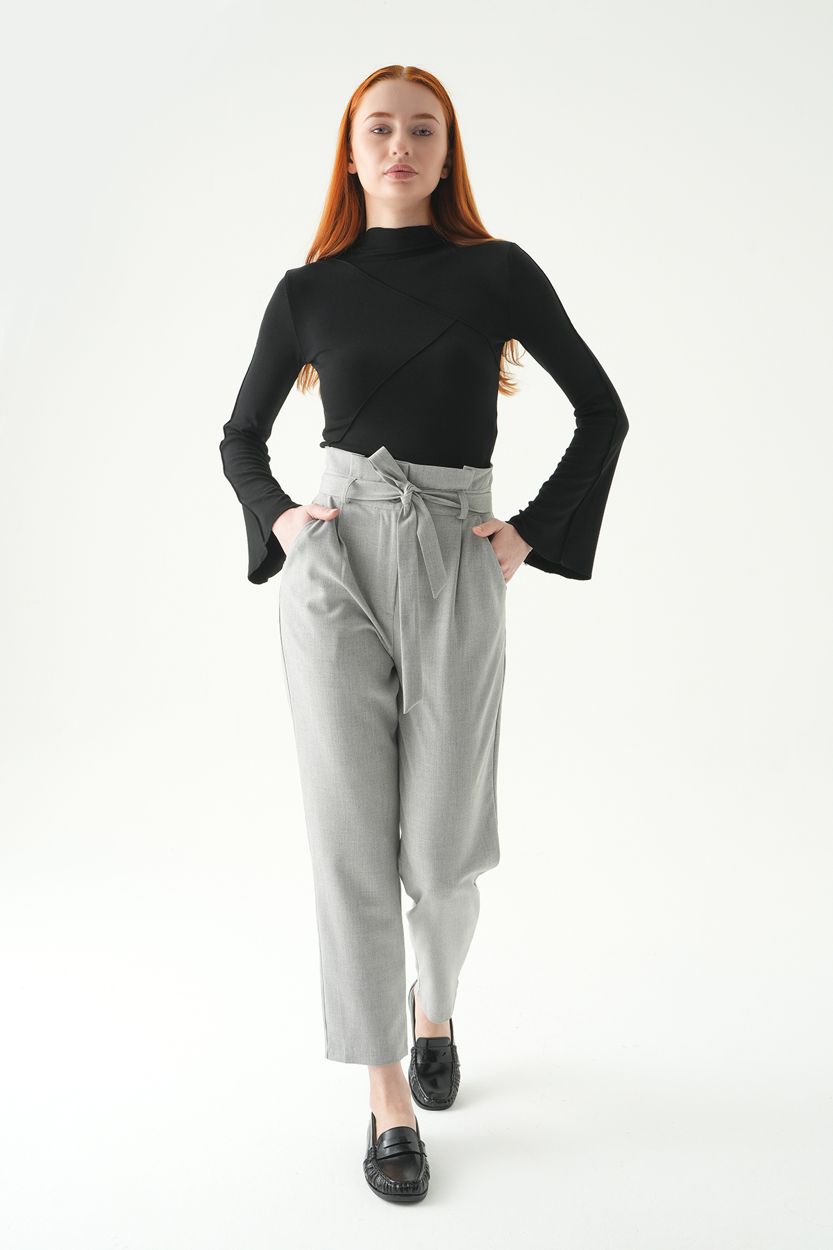 8407A Çift Düğmeli Kuşaklı Pantolon Gri - 2