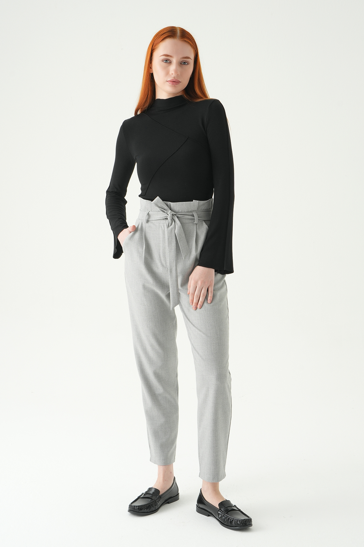 8407A Çift Düğmeli Kuşaklı Pantolon Gri - 3