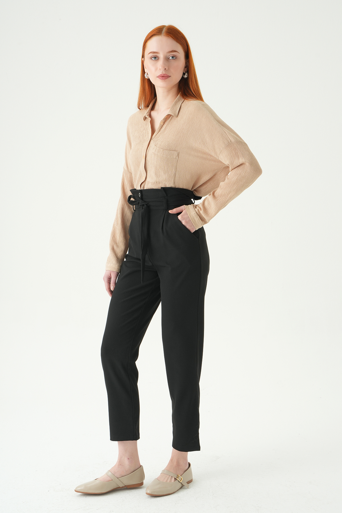 8407A Çift Düğmeli Kuşaklı Pantolon Siyah - 1