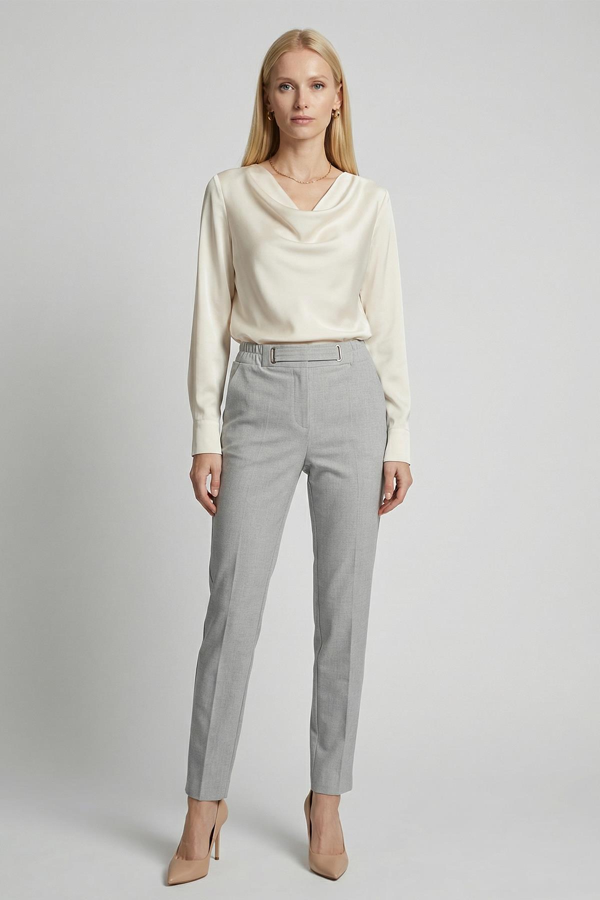 Gri Bel Lastikli Kemerli Pantolon 8409A - RAYS