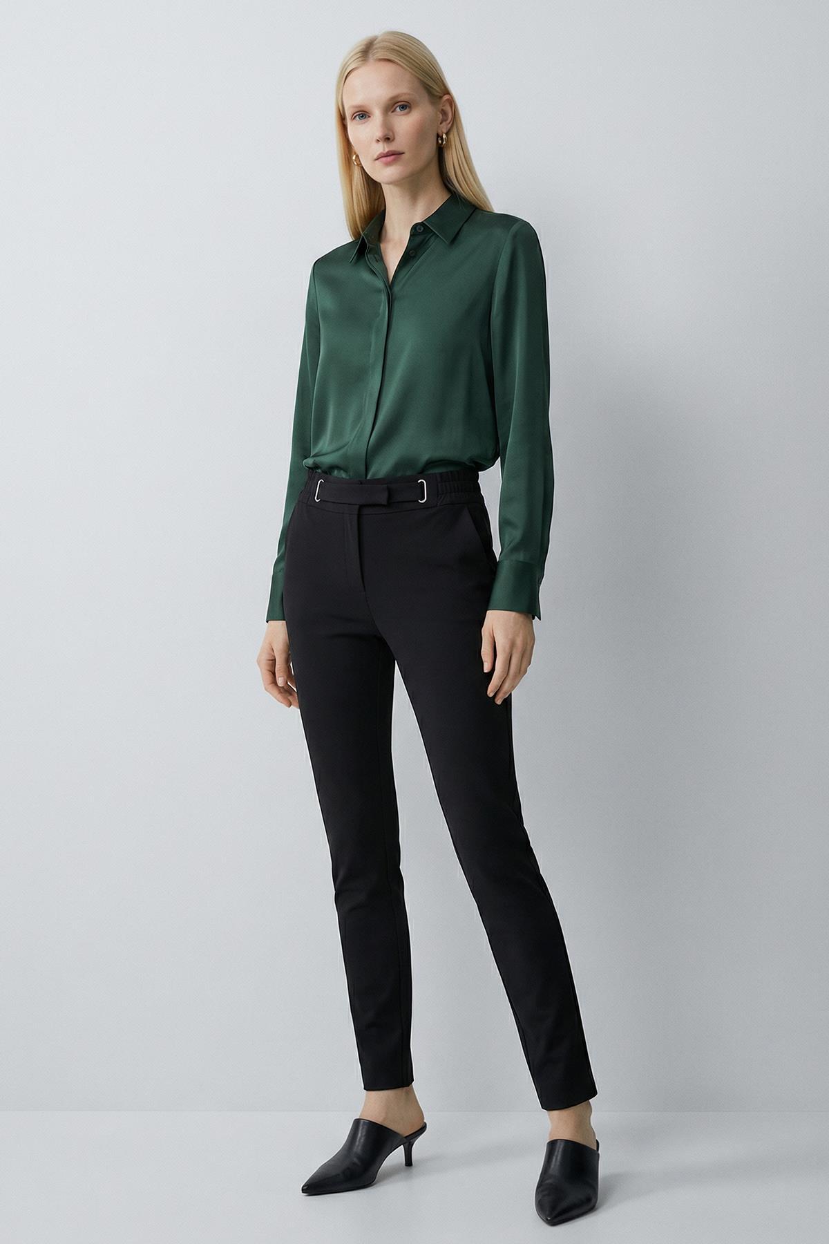 Siyah Bel Lastikli Kemerli Pantolon 8409A - RAYS