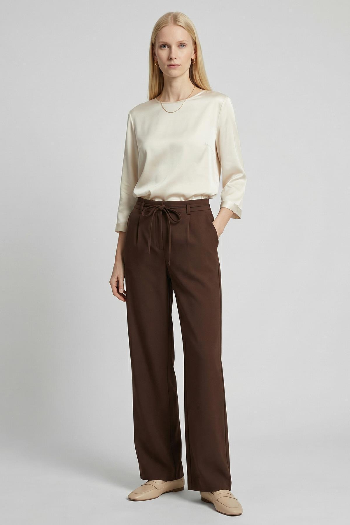 8411A Bağcıklı Palazzo Pantolon Acı Kahve - RAYS