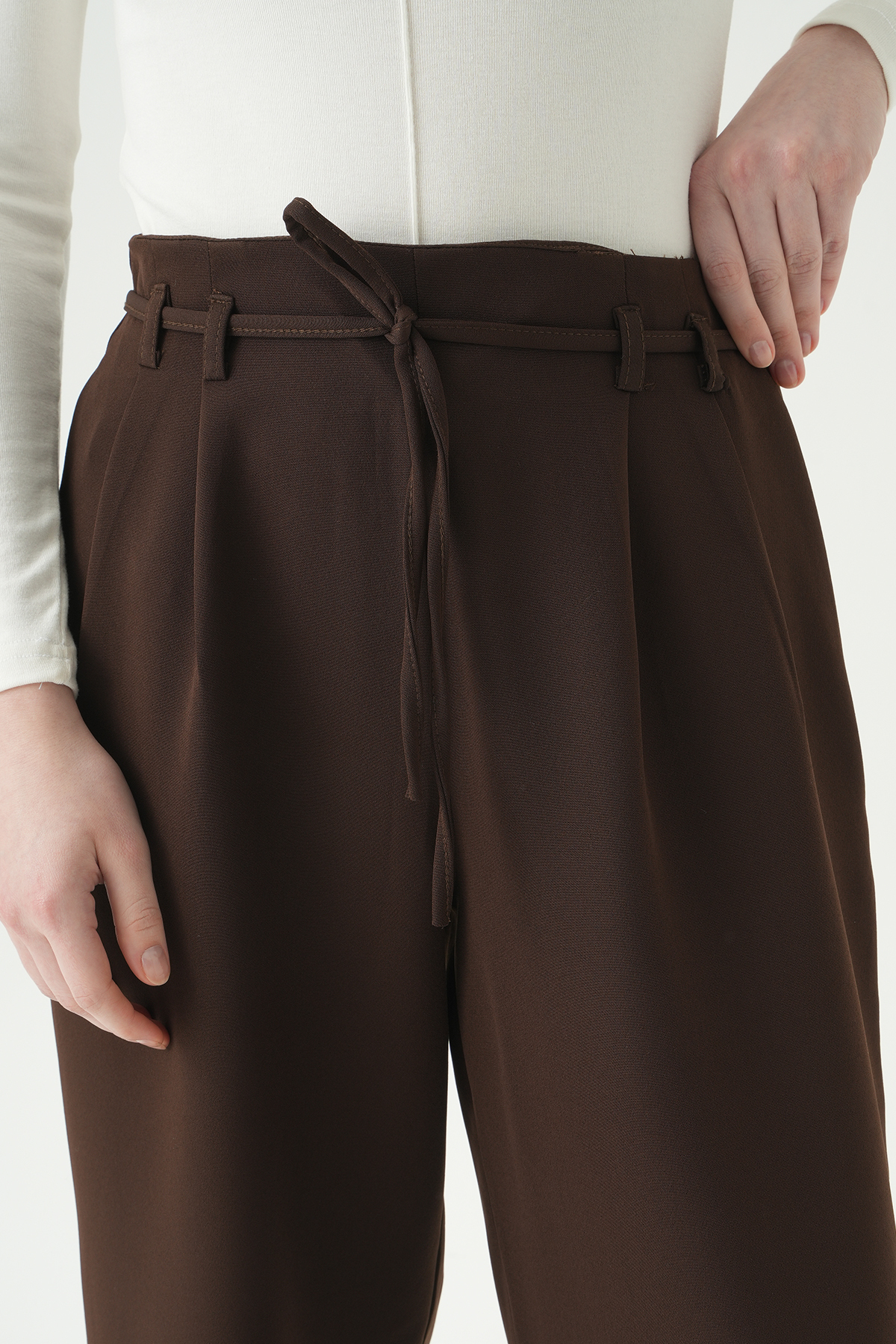 8411A Bağcıklı Palazzo Pantolon Acı Kahve - RAYS