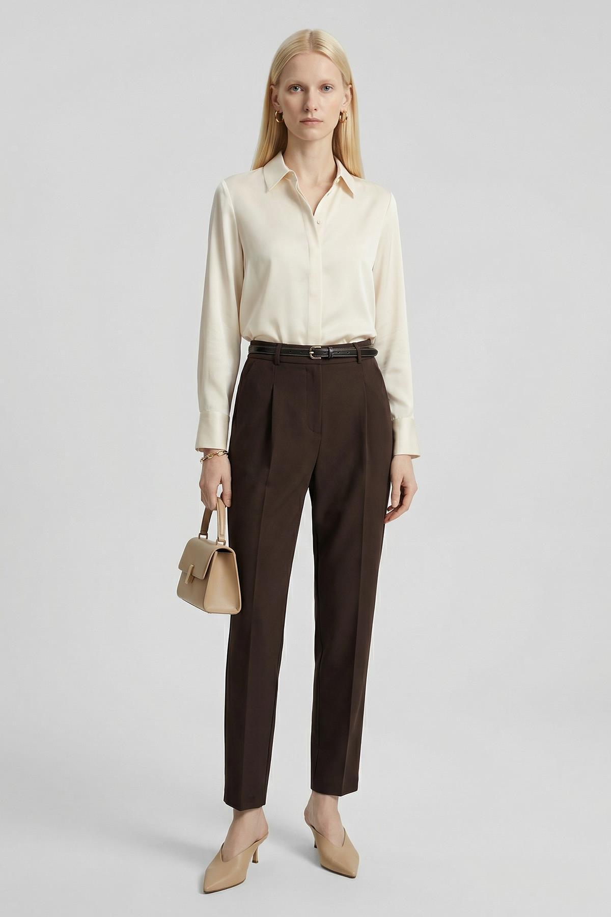 Acı Kahve Yüksek Bel Kemerli Pantolon 8416A - RAYS