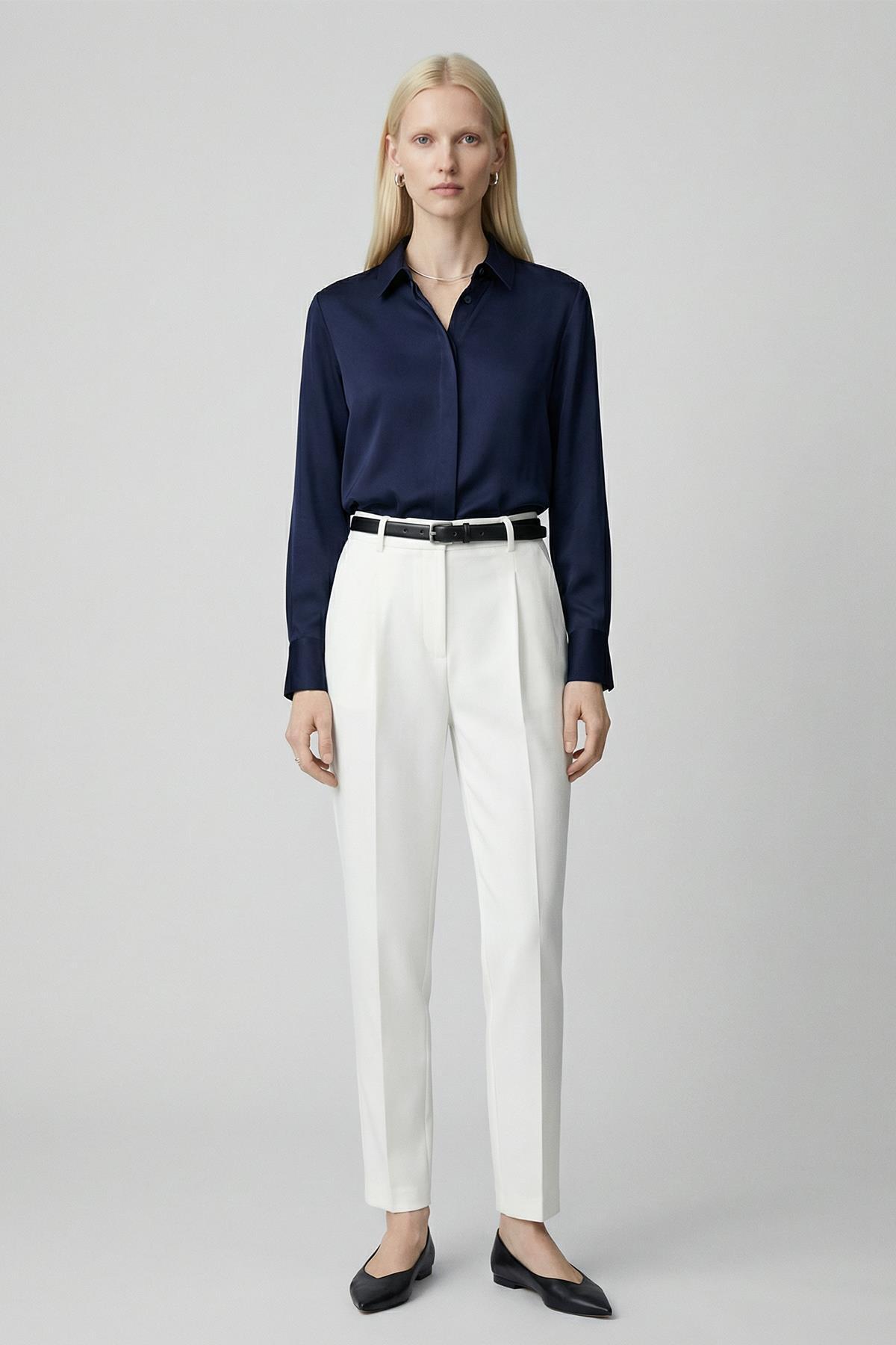 8416A Yüksek Bel Kemerli Pantolon Ekru - 1