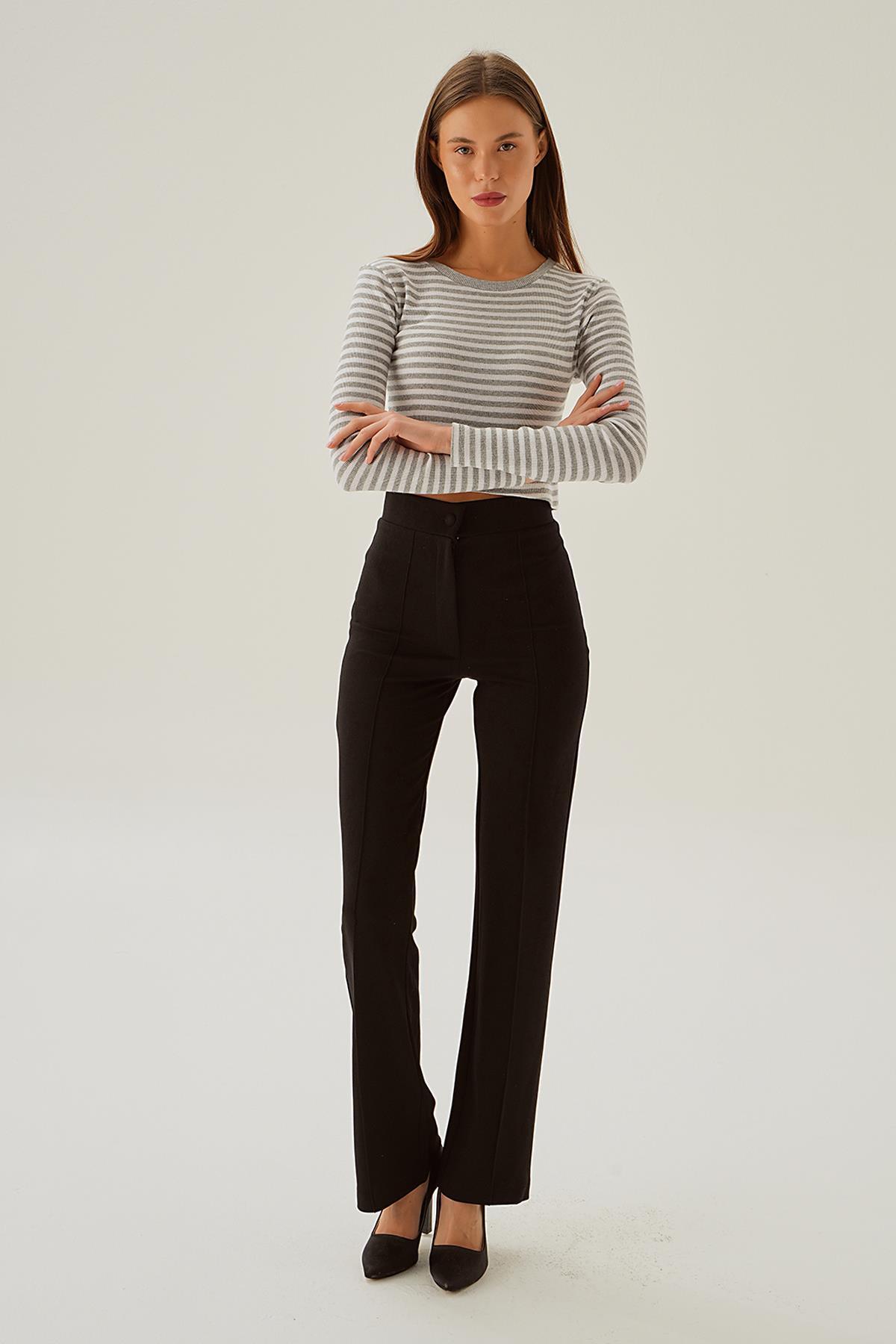 842 Çizgili Bisiklet Yaka Bluz Gri - 2