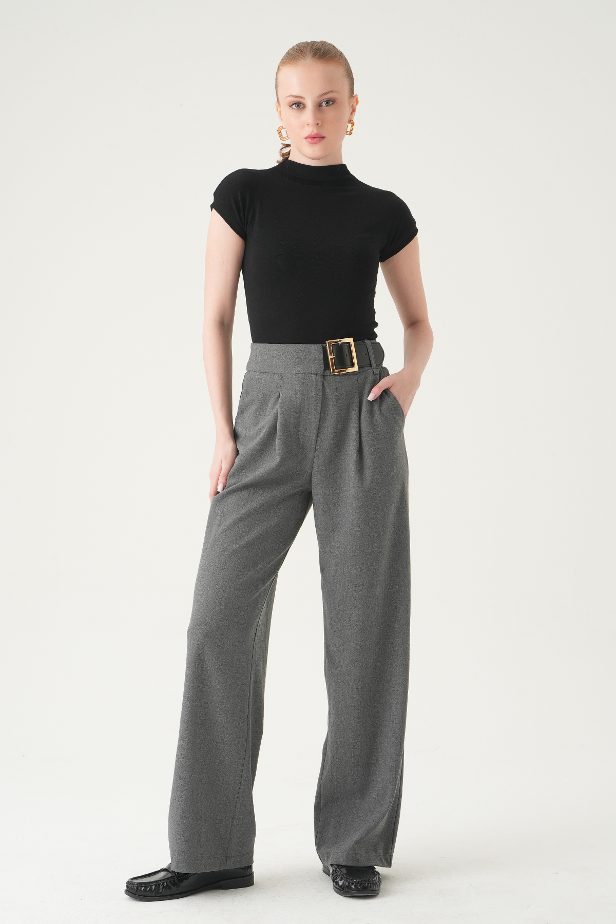 8421A Kemer Detay Palazzo Pantolon Antrasit - RAYS