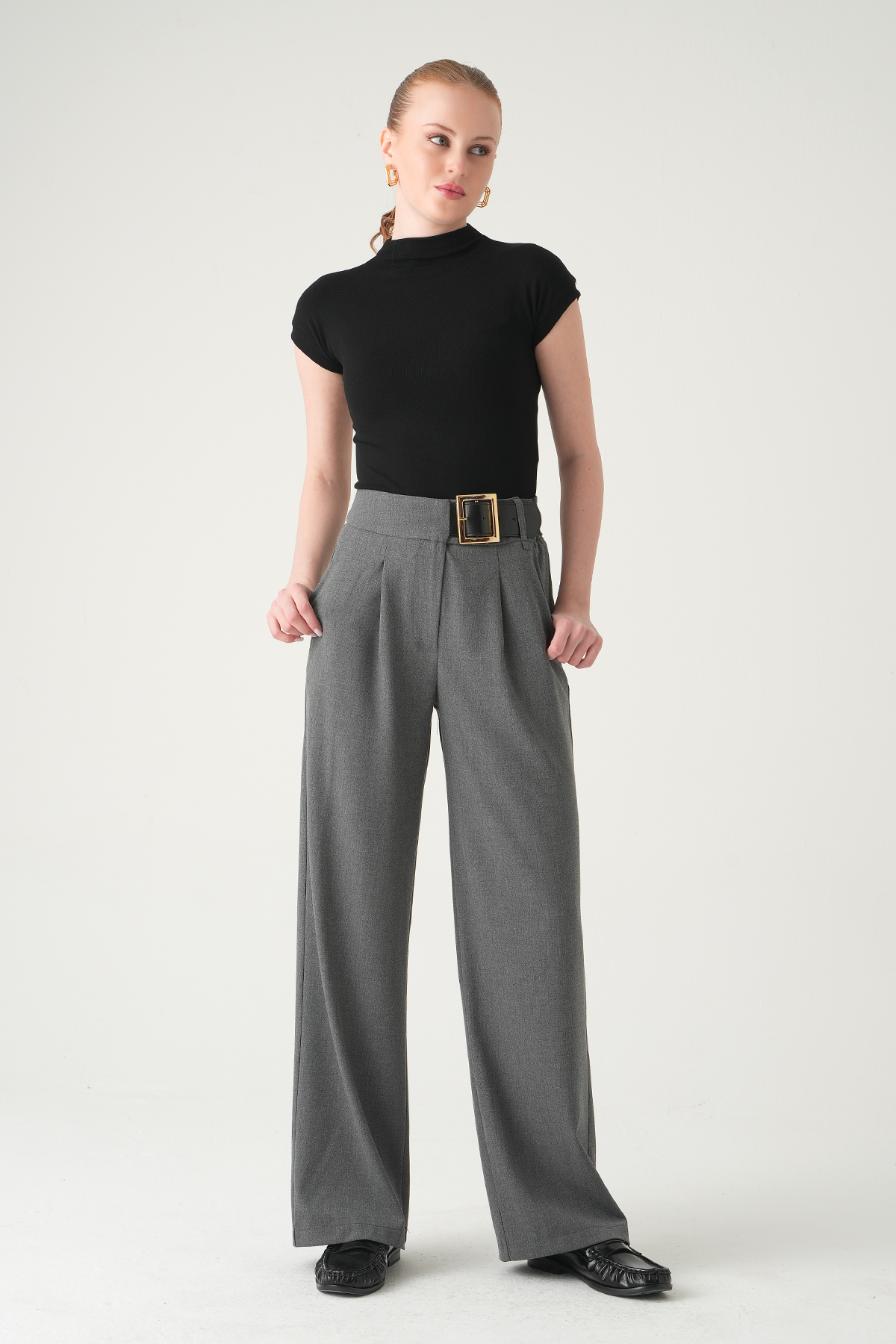 8421A Kemer Detay Palazzo Pantolon Antrasit - 6