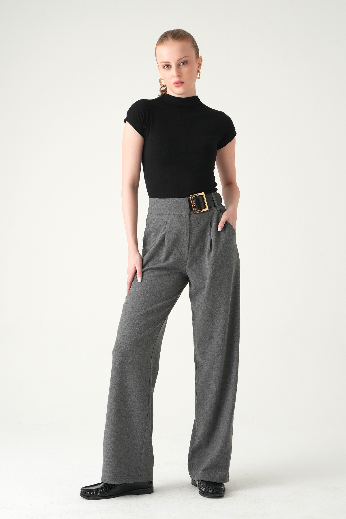 8421A Kemer Detay Palazzo Pantolon Antrasit - 7