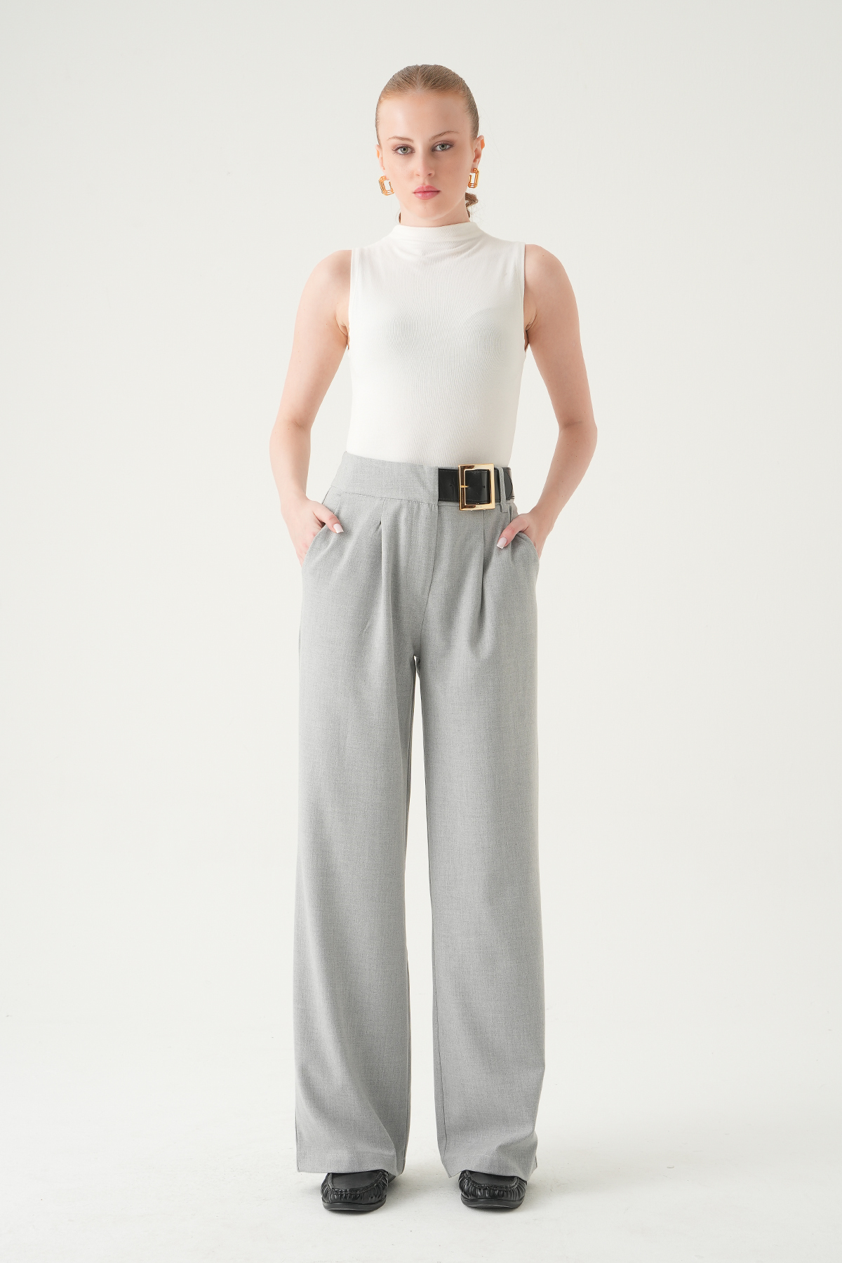 8421A Kemer Detay Palazzo Pantolon Gri - 3