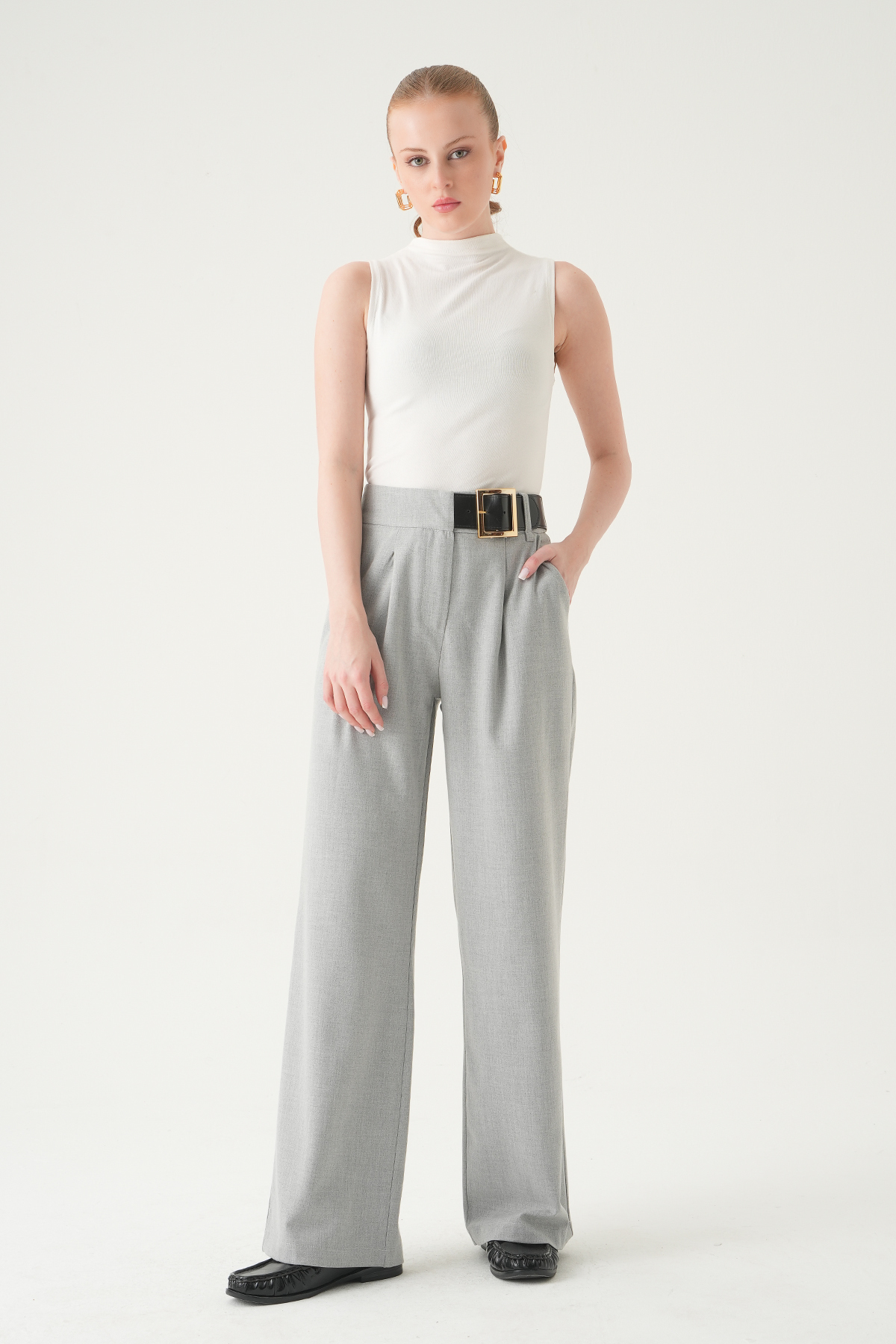 Gri Kemer Detay Palazzo Pantolon 8421A - RAYS