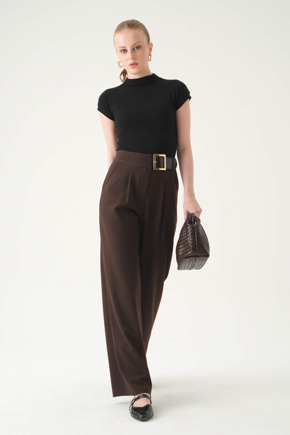 8421A Kemer Detay Palazzo Pantolon Kahve - RAYS