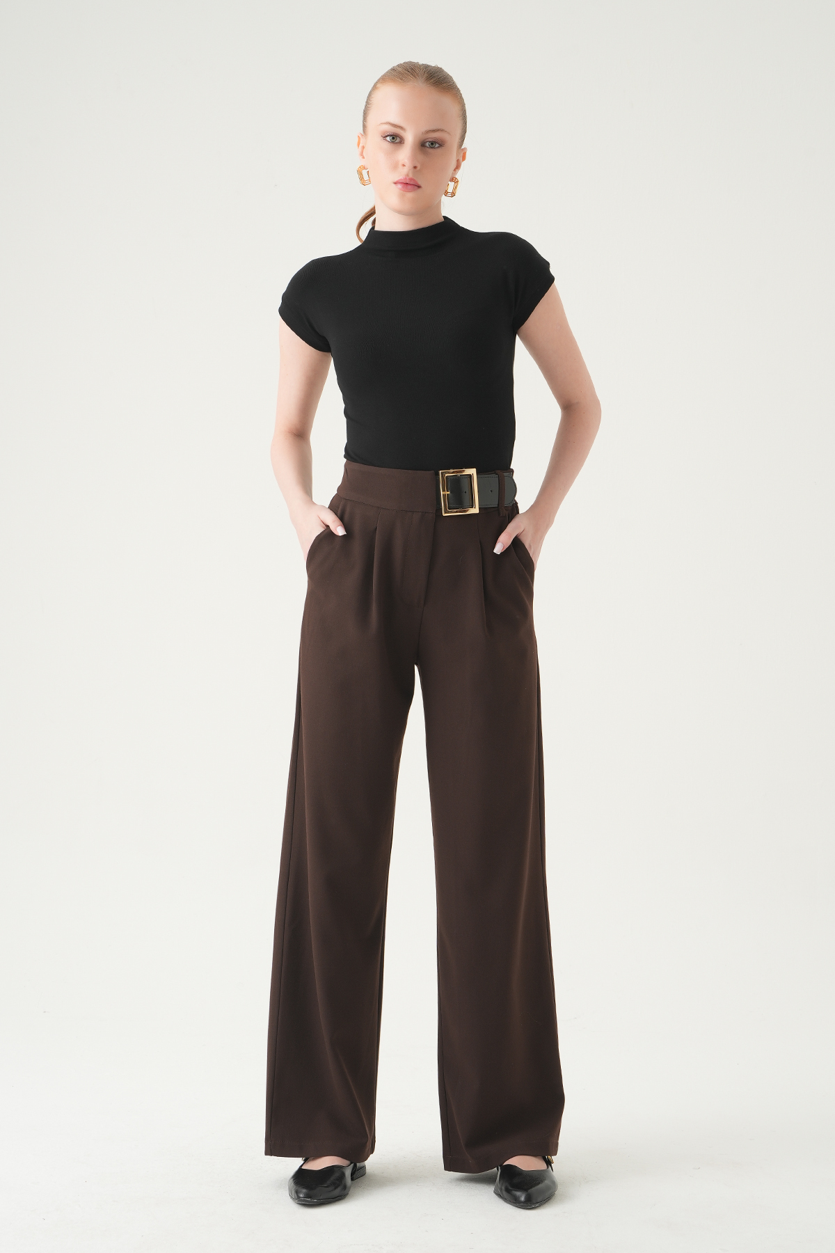 8421A Kemer Detay Palazzo Pantolon Kahve - RAYS