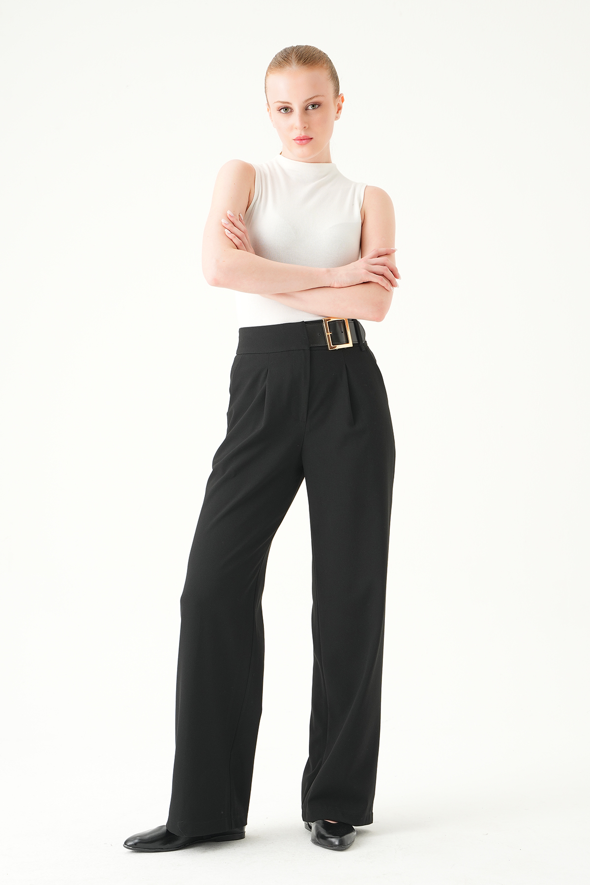 8421A Kemer Detay Palazzo Pantolon Siyah - RAYS