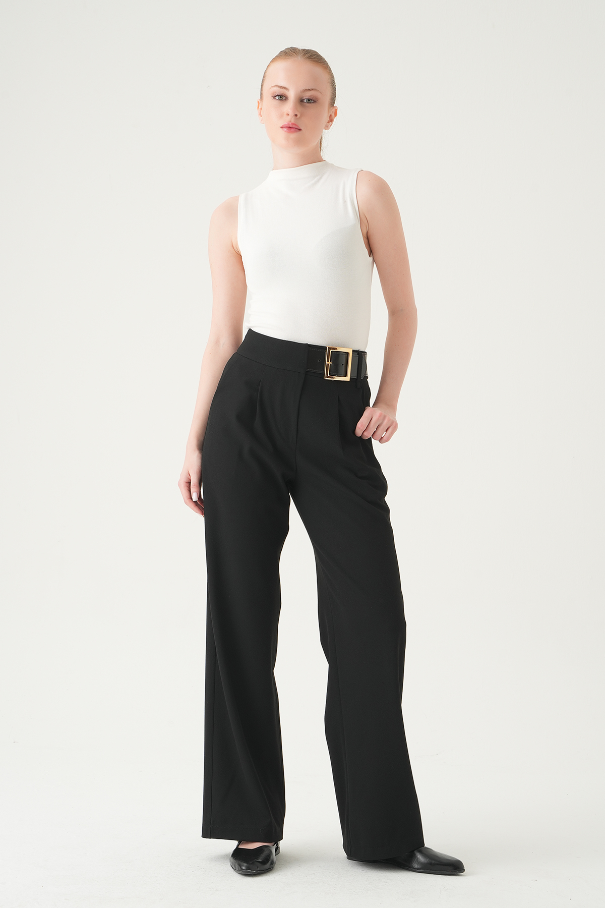 8421A Kemer Detay Palazzo Pantolon Siyah - 6