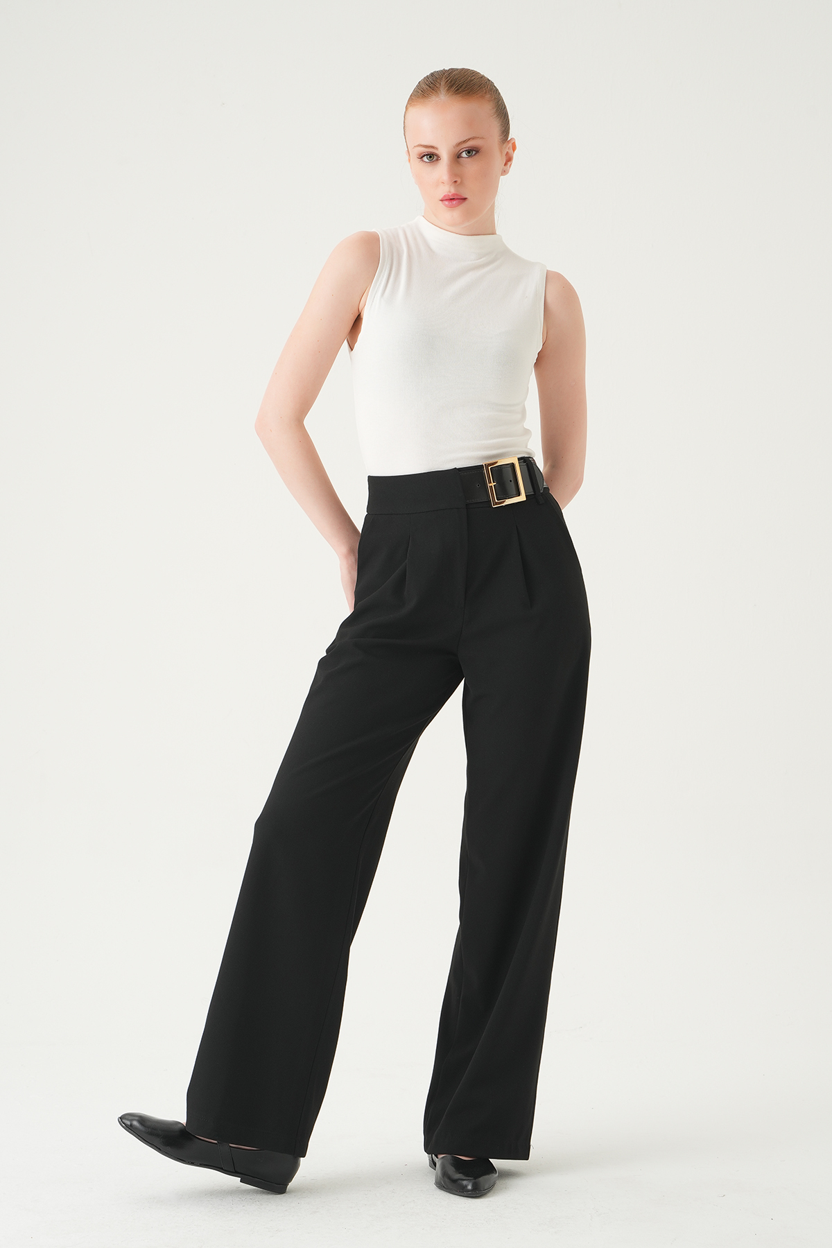 8421A Kemer Detay Palazzo Pantolon Siyah - 7