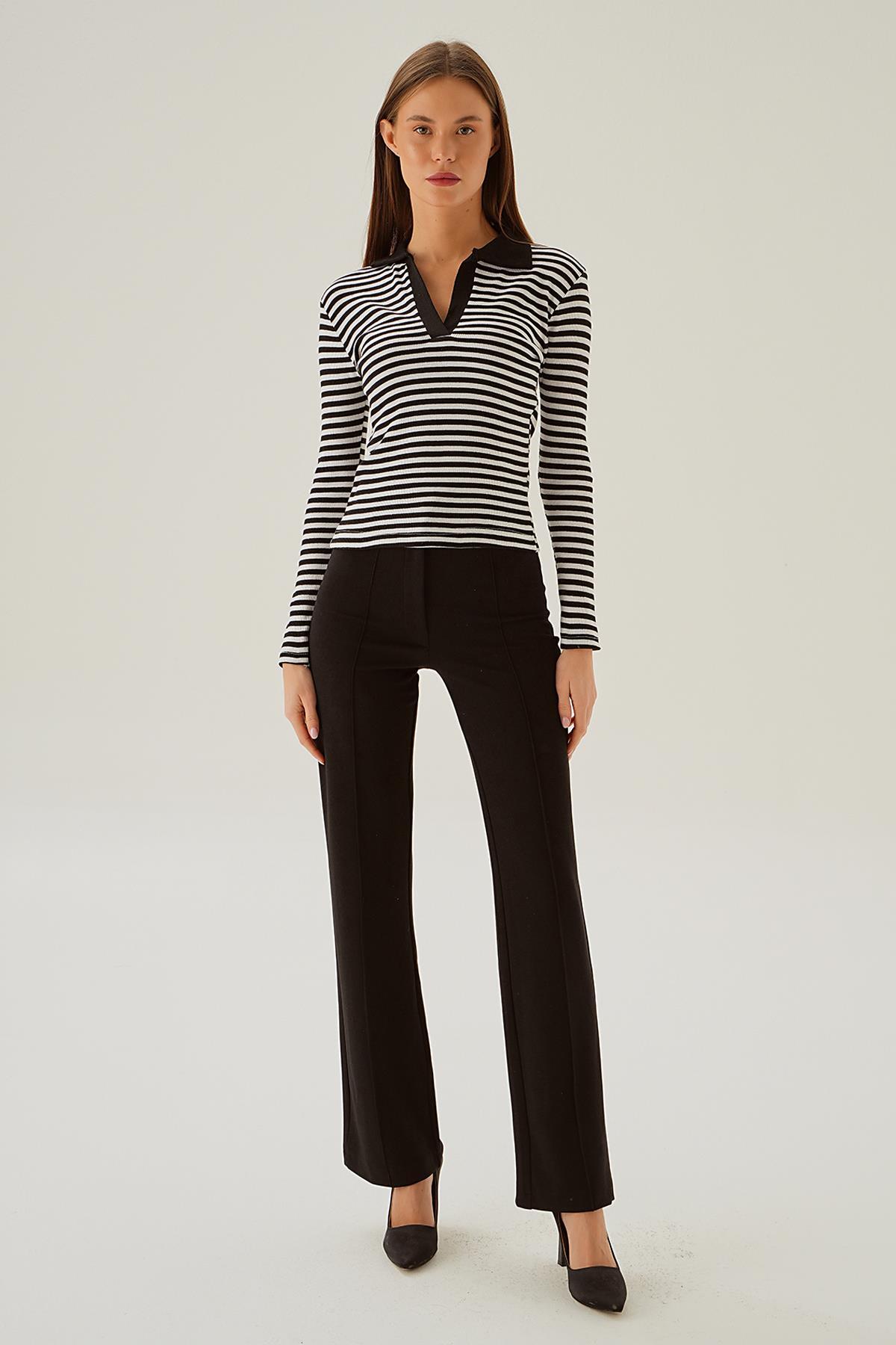 843 Çizgili Polo Yaka Bluz Siyah - 2